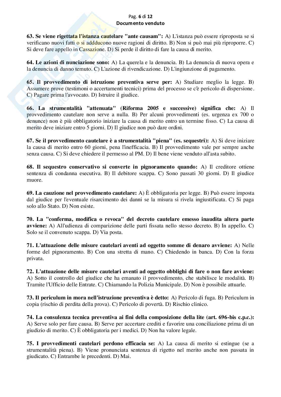 Simulazione esame con test a crocette/ scelta multipla del 2 modulo di Diritto processuale civile Pag. 6
