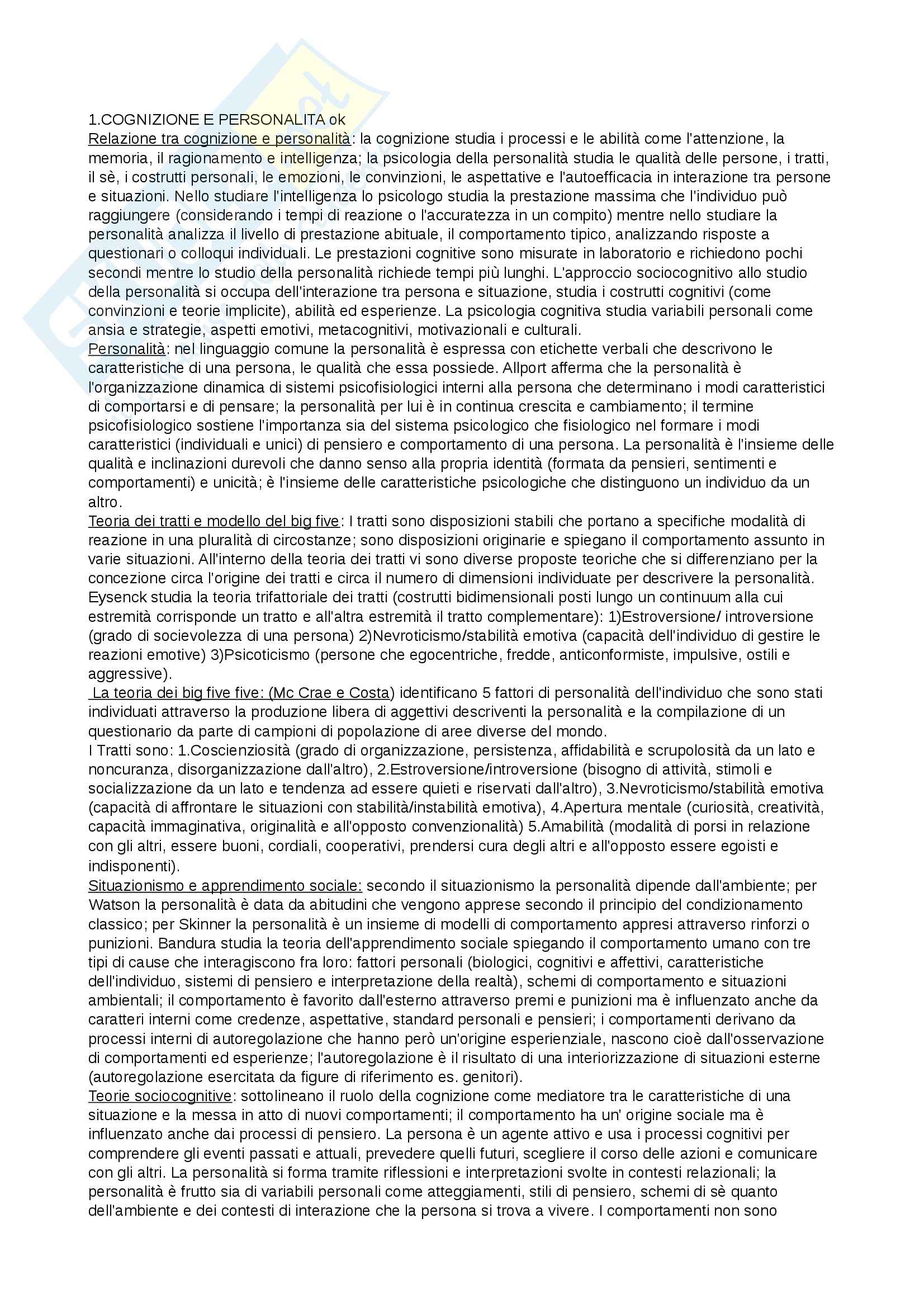 Riassunto esame Psicologia, prof. Cavallini, libro consigliato Psicologia della personalità e delle differenze individuali, De Bene, Carretti Pag. 1