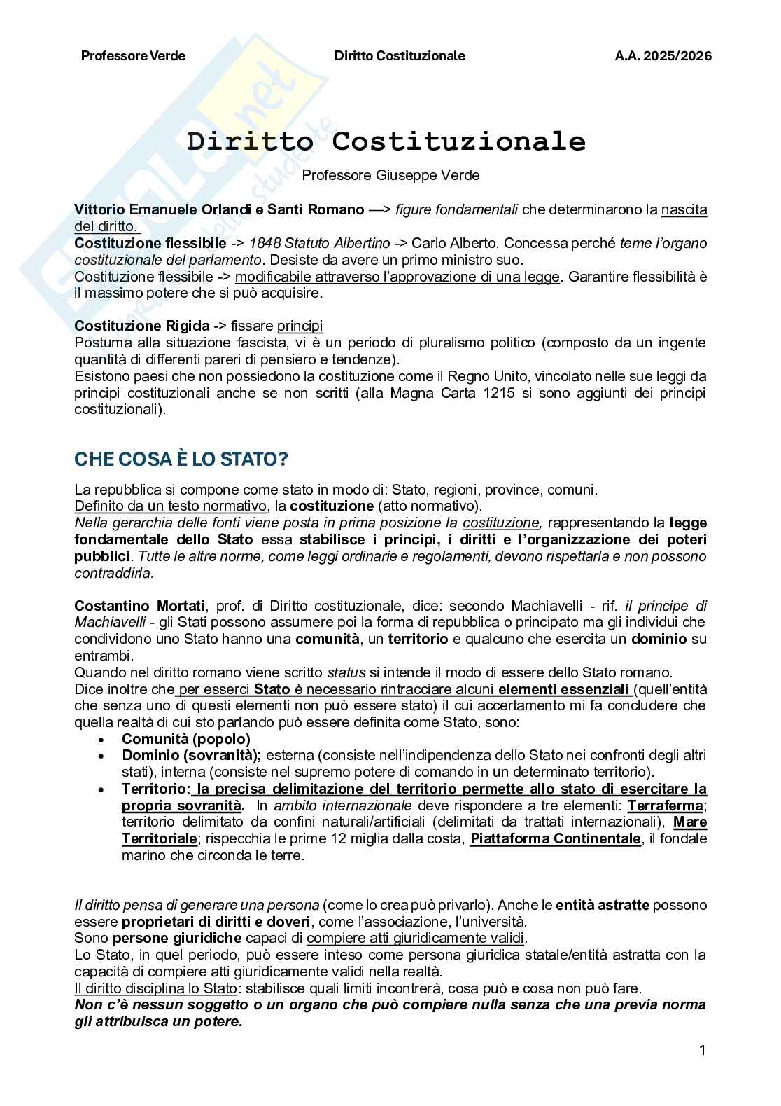 Riassunto esame Diritto costituzionale , Prof. Verde Giuseppe, libro consigliato Diritto costituzionale , Bin, Pitruzzella Pag. 1