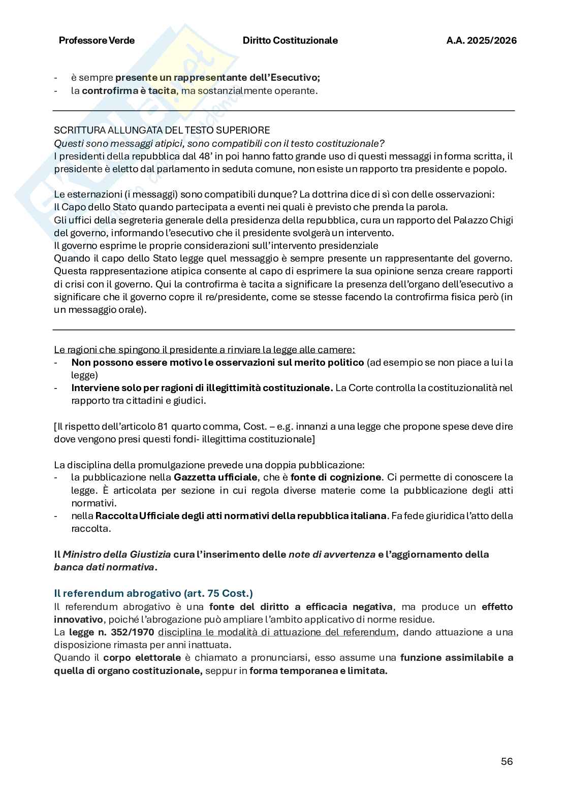 Riassunto esame Diritto costituzionale , Prof. Verde Giuseppe, libro consigliato Diritto costituzionale , Bin, Pitruzzella Pag. 56