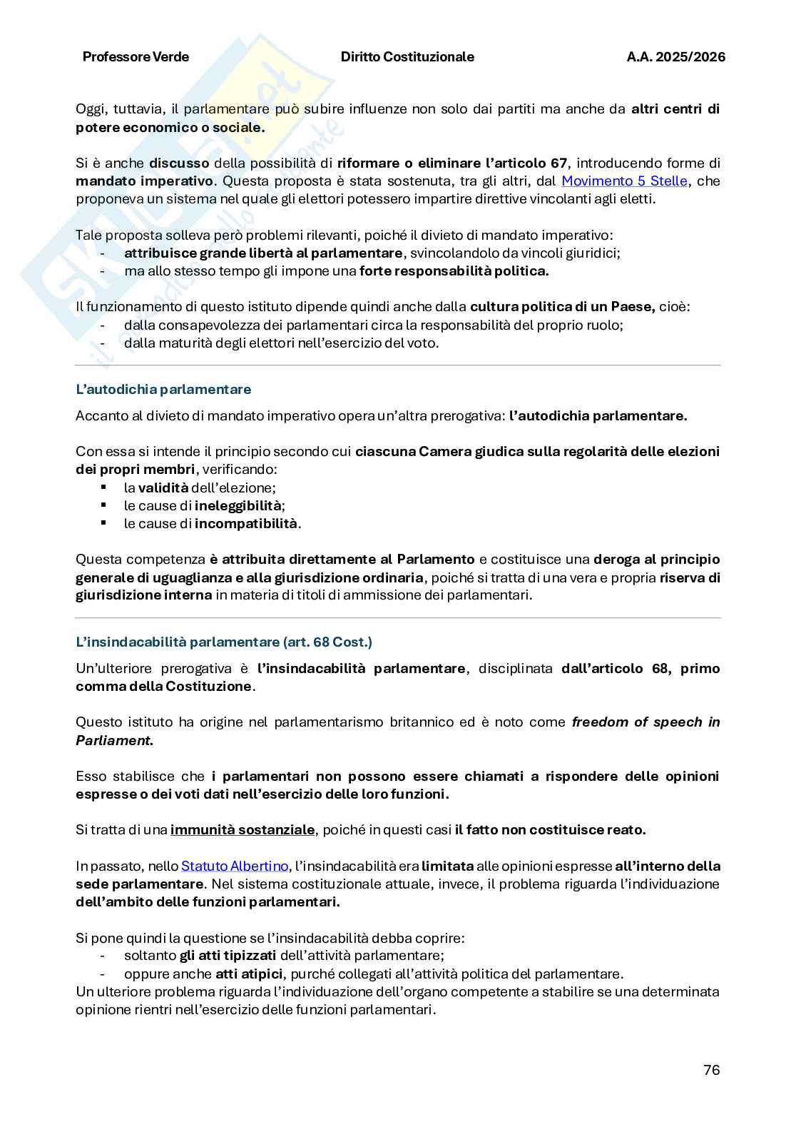 Riassunto esame Diritto costituzionale , Prof. Verde Giuseppe, libro consigliato Diritto costituzionale , Bin, Pitruzzella Pag. 76