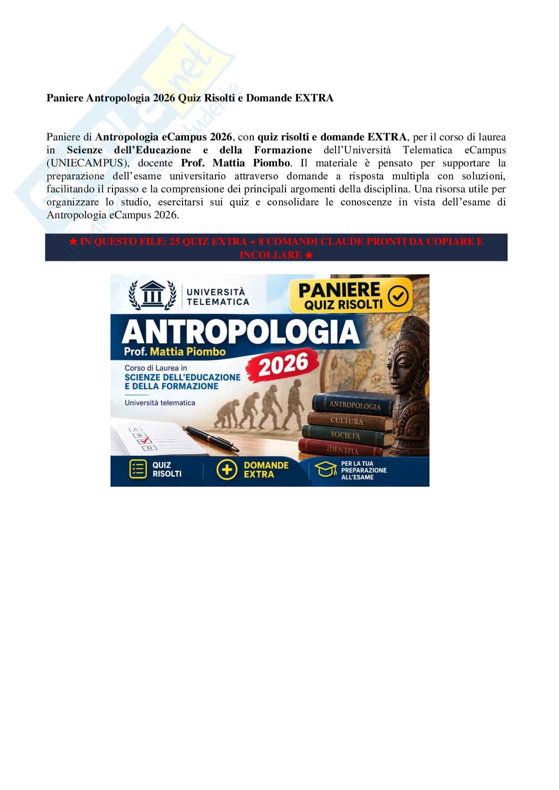 Paniere Antropologia 2026 - Quiz Risolti e domande extra Pag. 1