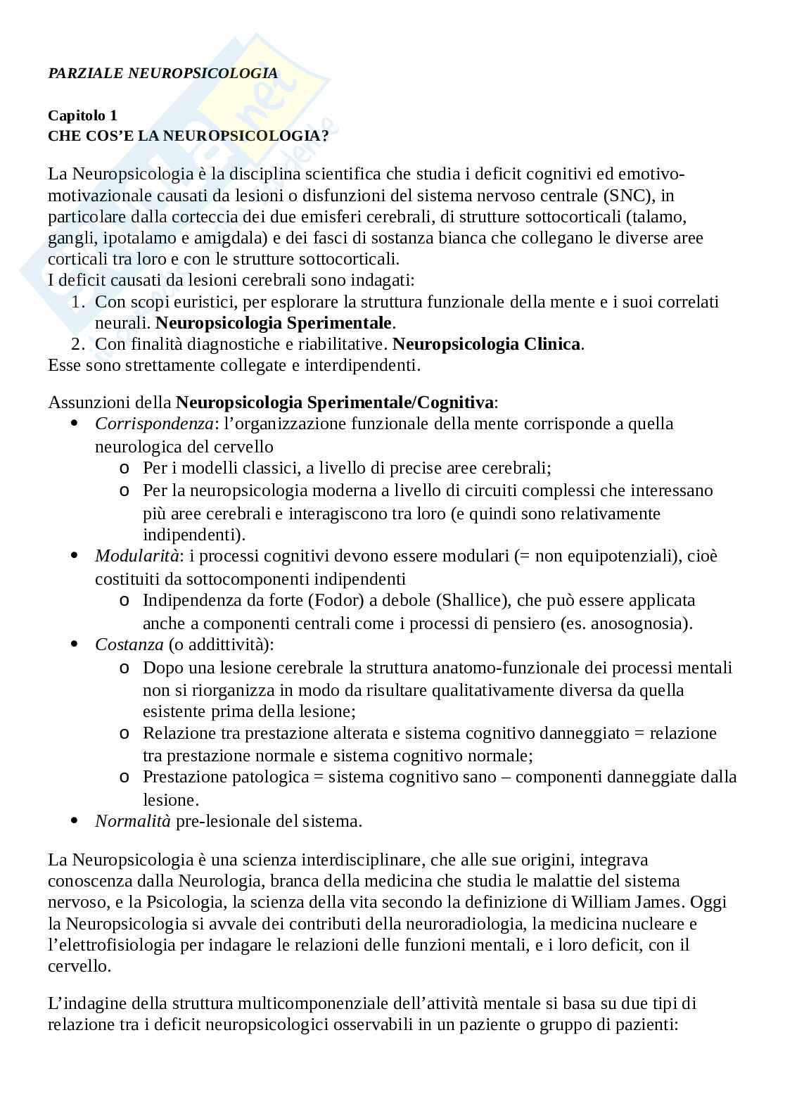 Riassunto esame Neuropsicologia, Prof. Committeri Giorgia, libro consigliato Manuale di Neuropsicologia , Vallar G e Papagno C Pag. 1