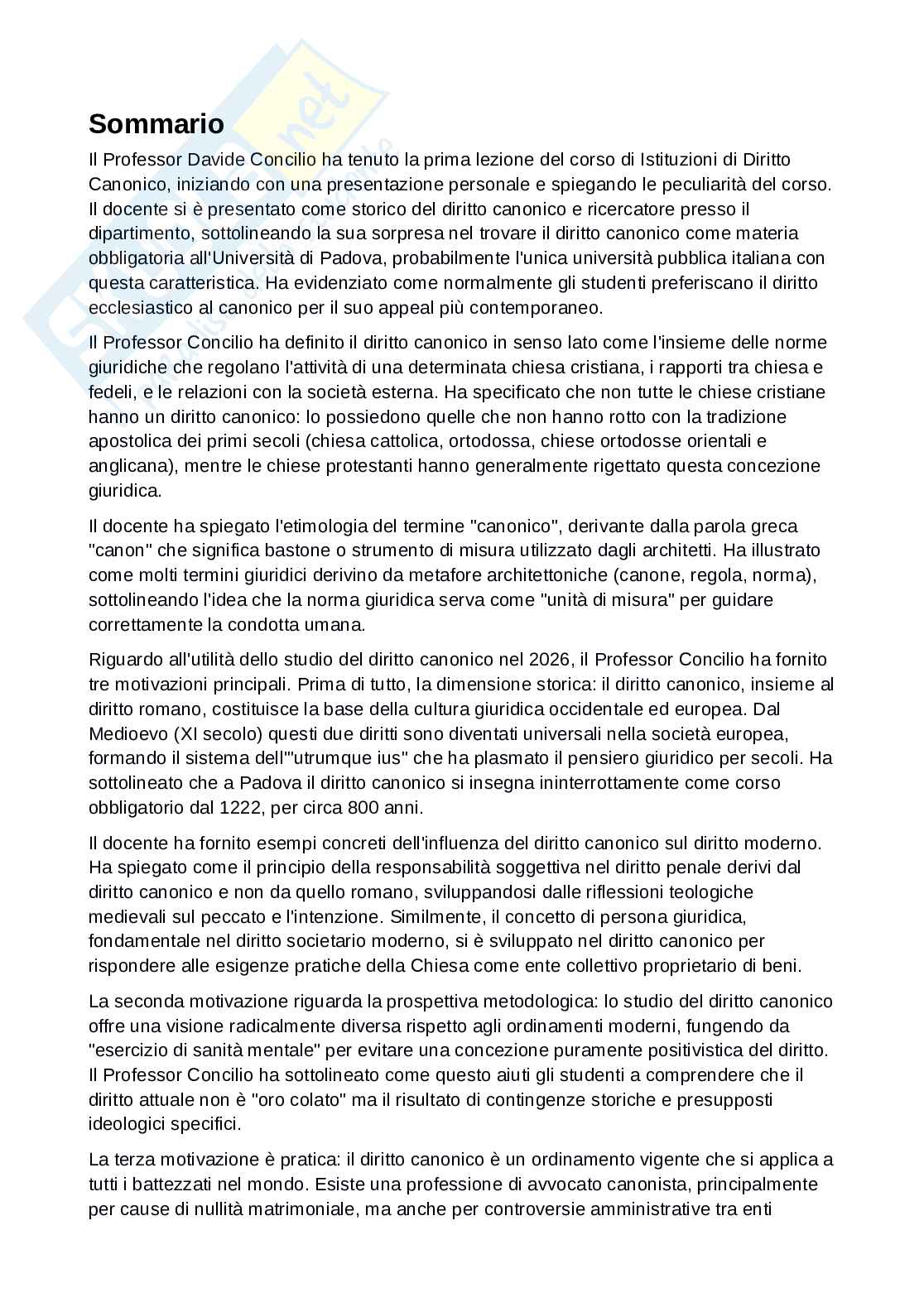 Prima lezione del corso di Istituzioni di Diritto canonico Pag. 1