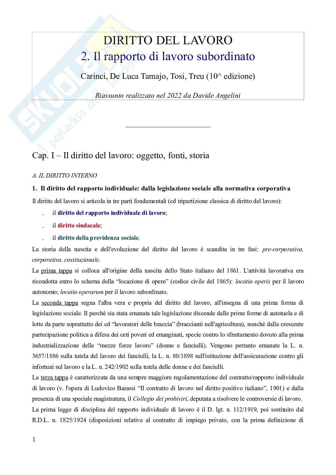 Riassunto esame Diritto del lavoro, Prof. Carinci Maria Teresa, libro consigliato Diritto del lavoro - Vol. 2 (Il Rapporto di lavoro subordinato), 10^edizione, Carinci, De Luca Tamajo, Tosi, Treu Pag. 1