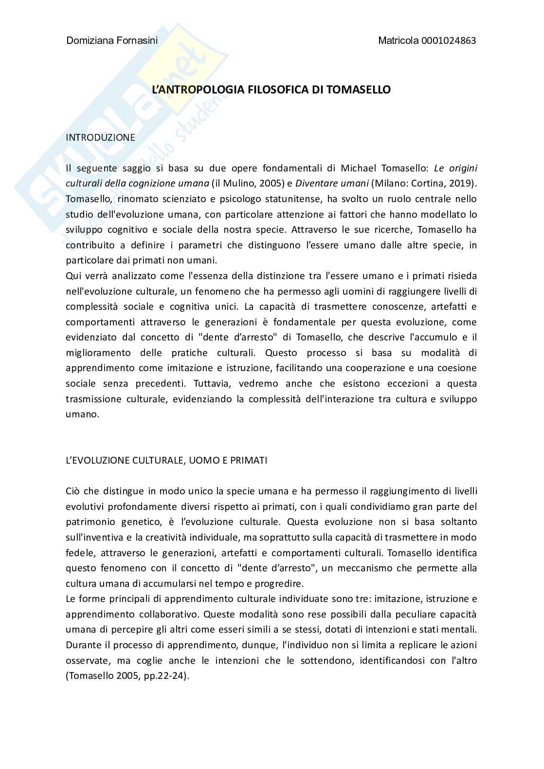 Tesina Antropologia filosofica Michael Tomasello Pag. 1
