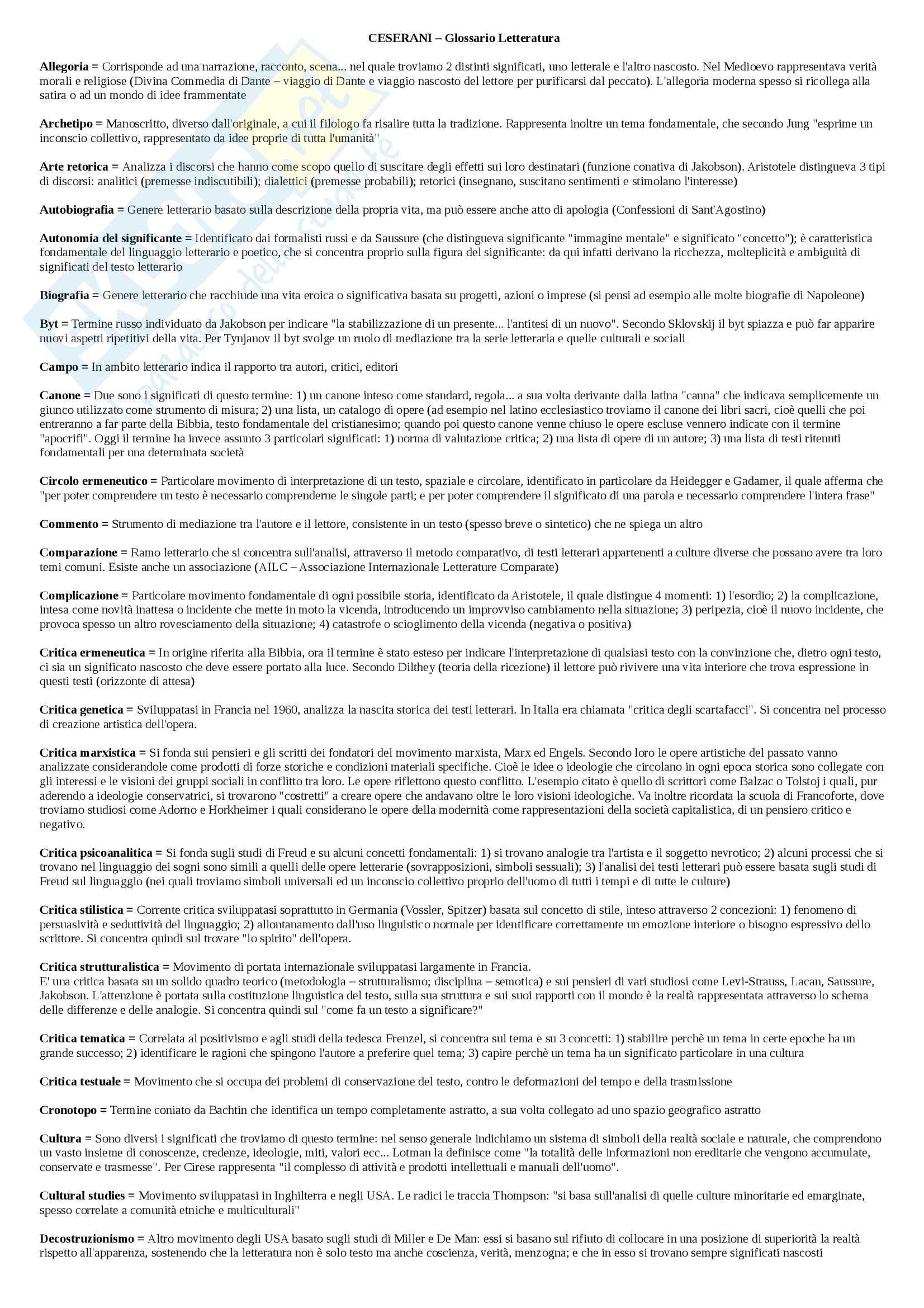 Glossario letteratura: Appunti di Letteratura Pag. 1