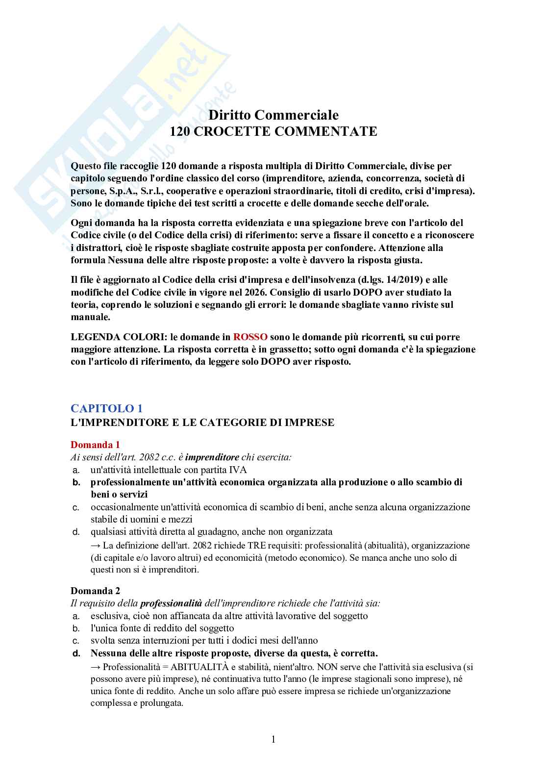 Diritto commerciale – 120 crocette commentate con risposte e spiegazioni Pag. 1