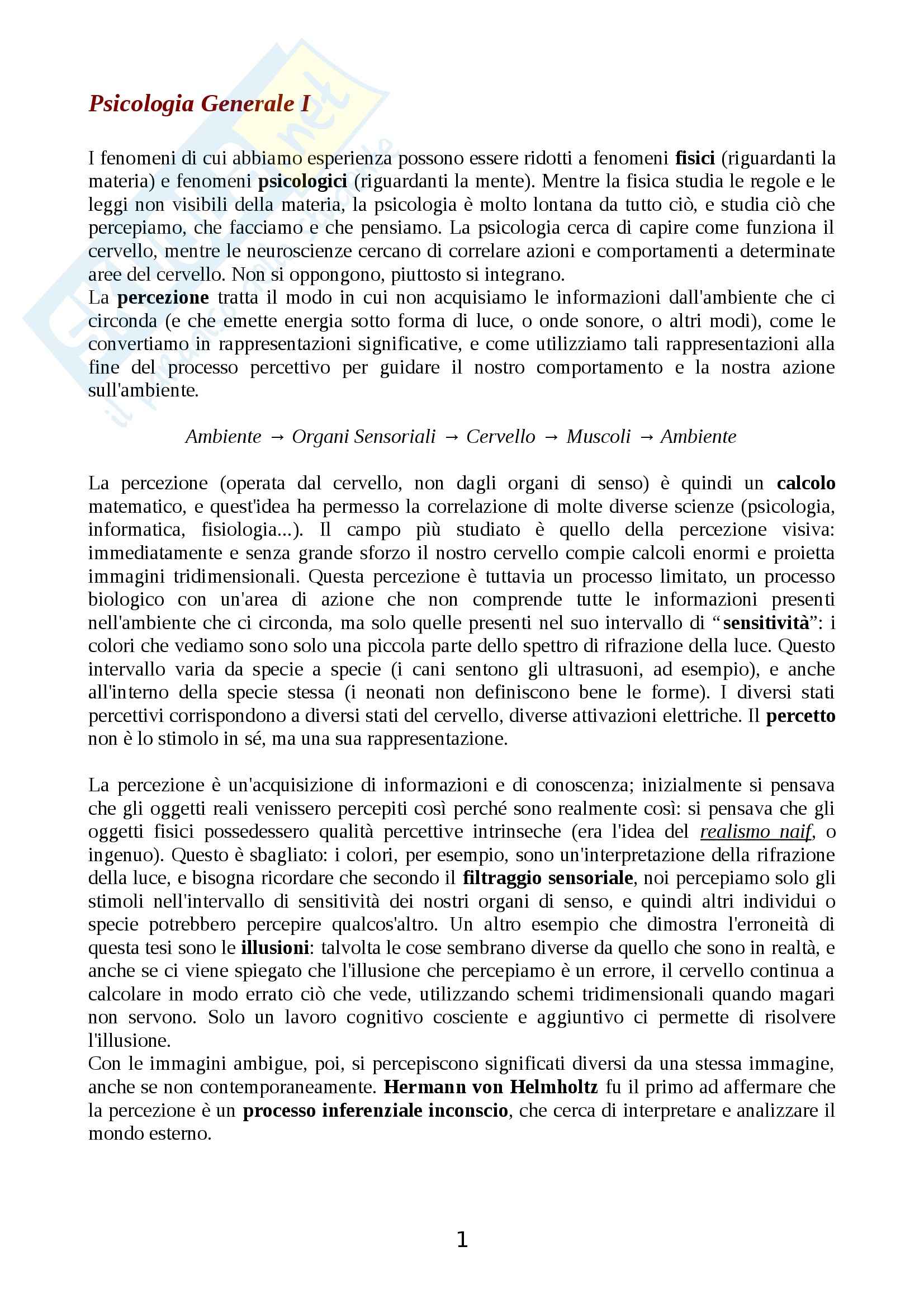 Psicologia generale I - Appunti Pag. 1