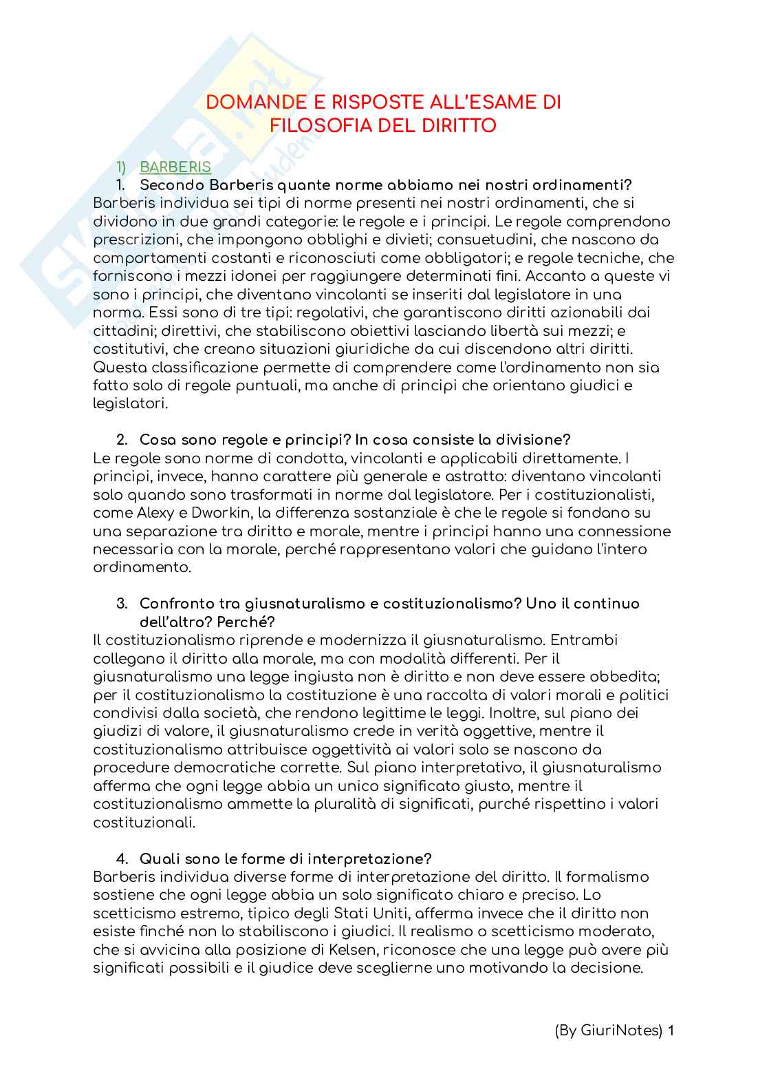 Domande e risposte all’esame di Filosofia del diritto  Pag. 1