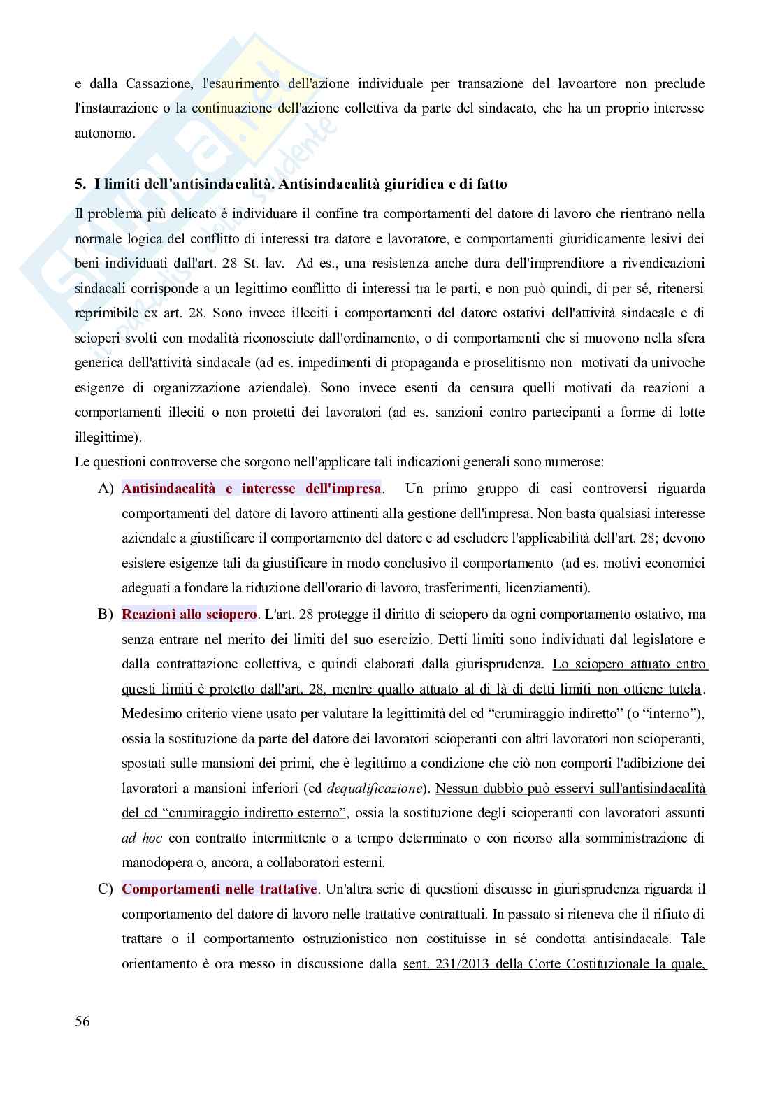 Riassunto esame Diritto del lavoro, Prof. Carinci Maria Teresa, libro consigliato Diritto del Lavoro - Vol. 1 (Il Diritto sindacale) - 8^edizione, Carinci, De Luca, Tamajo, Tosi, Treu Pag. 56