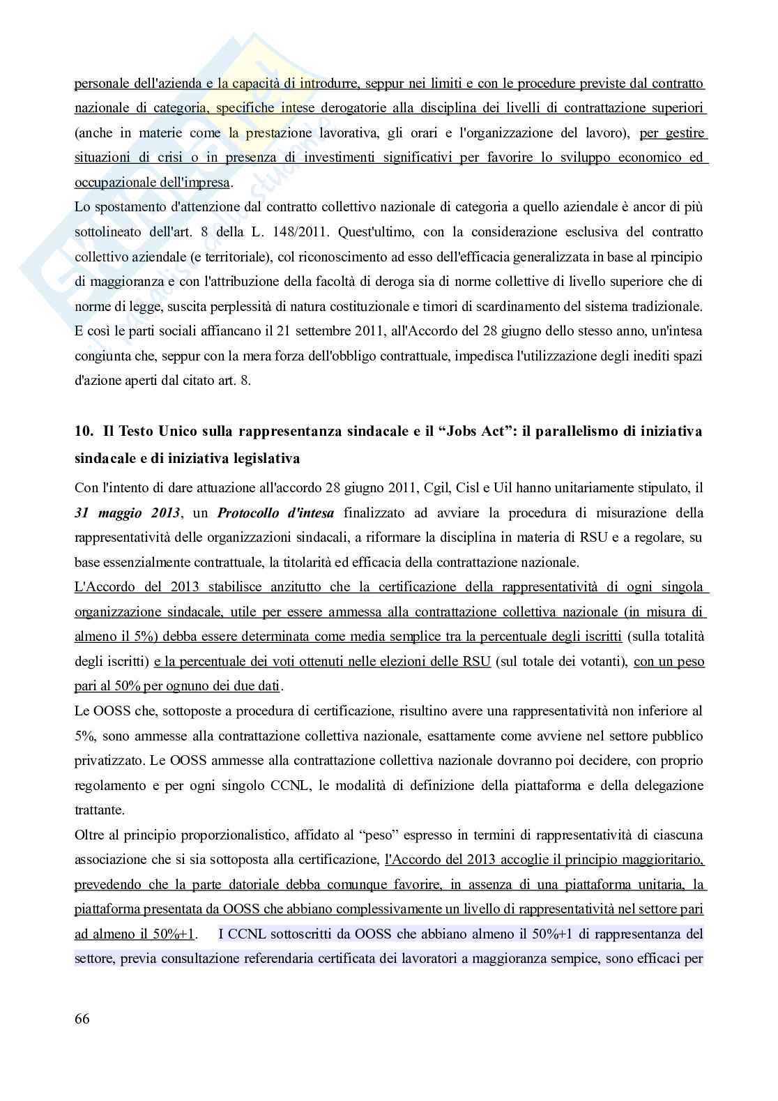 Riassunto esame Diritto del lavoro, Prof. Carinci Maria Teresa, libro consigliato Diritto del Lavoro - Vol. 1 (Il Diritto sindacale) - 8^edizione, Carinci, De Luca, Tamajo, Tosi, Treu Pag. 66