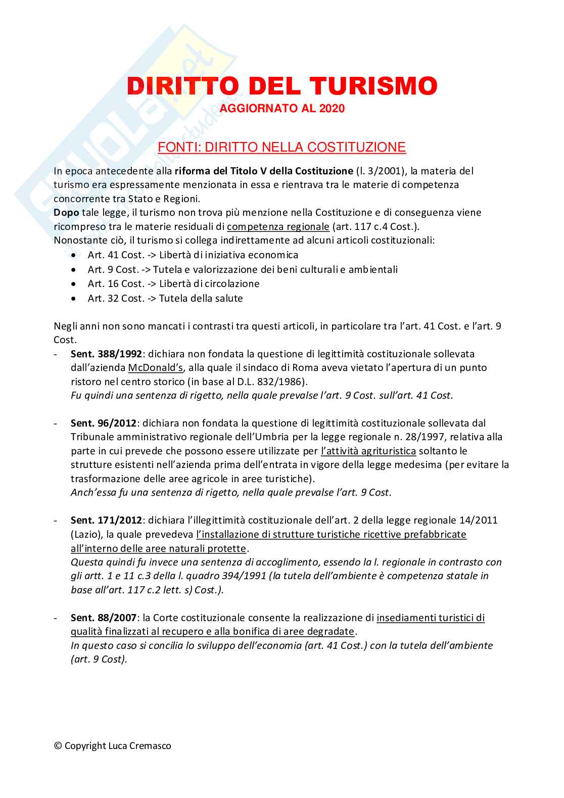 Riassunto esame Diritto del turismo aggiornato al 2020 Pag. 1