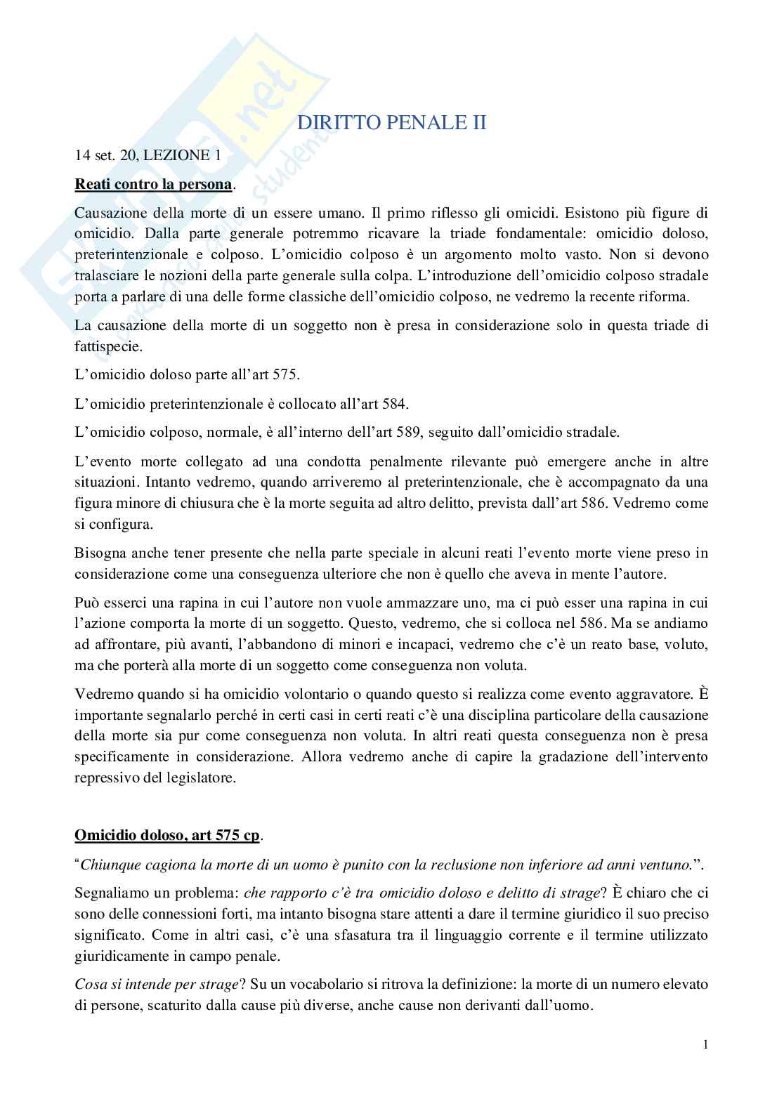 Diritto penale II - Reati contro la persona Pag. 1