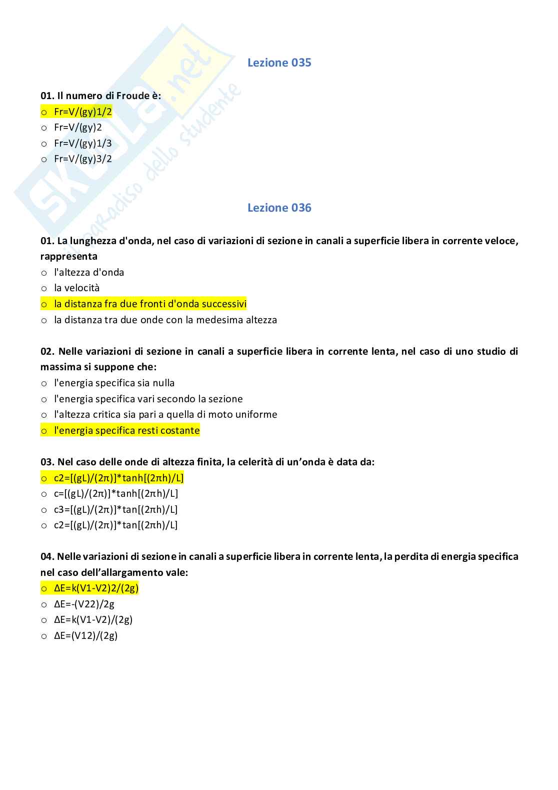 Paniere con risposte chiuse di idraulica e costruzioni idrauliche Pag. 21