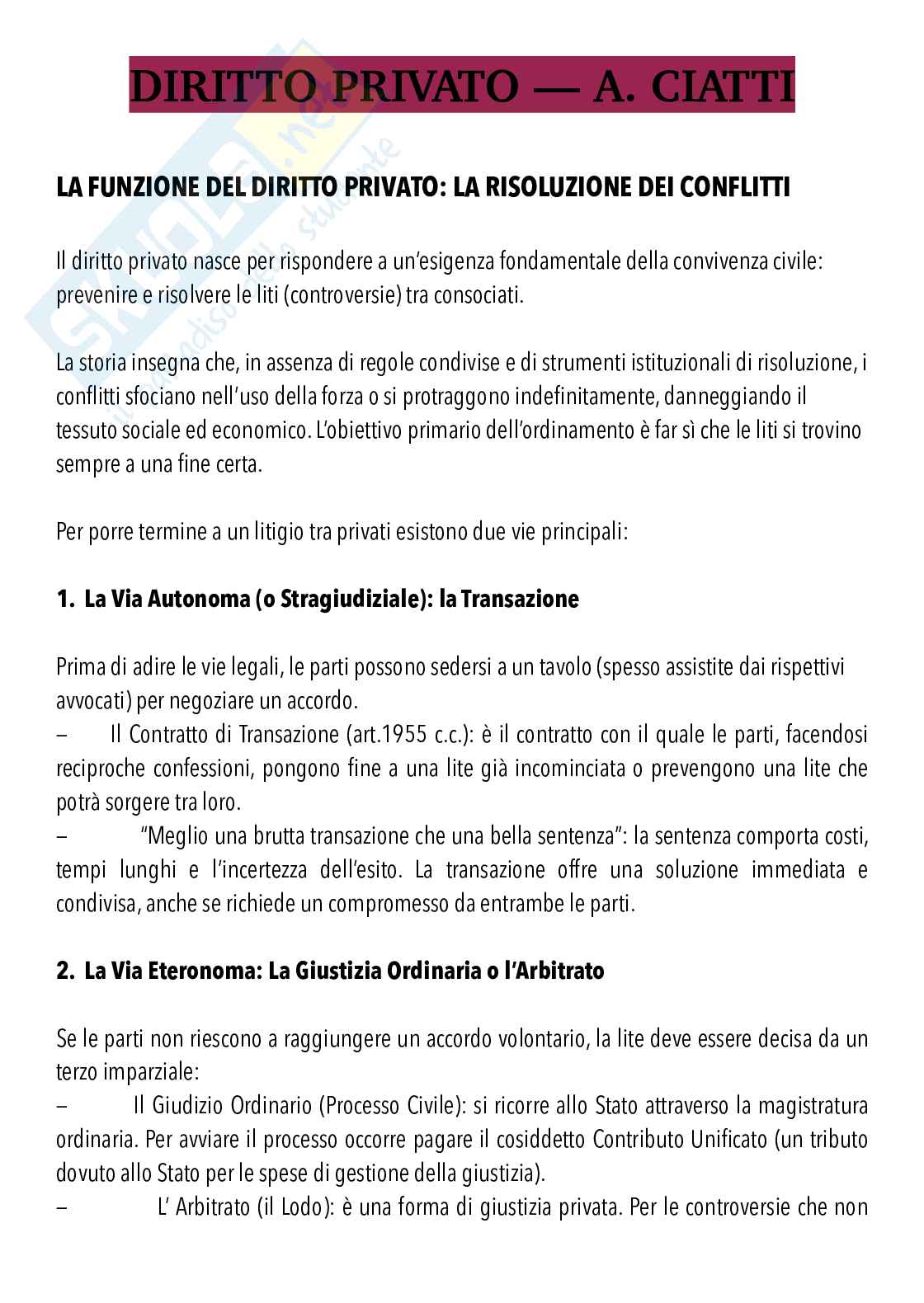 Riassunto esame Diritto Privato, Prof. Ciatti Alessandro, libro consigliato Manuale di diritto privato , Ciatti  Pag. 1
