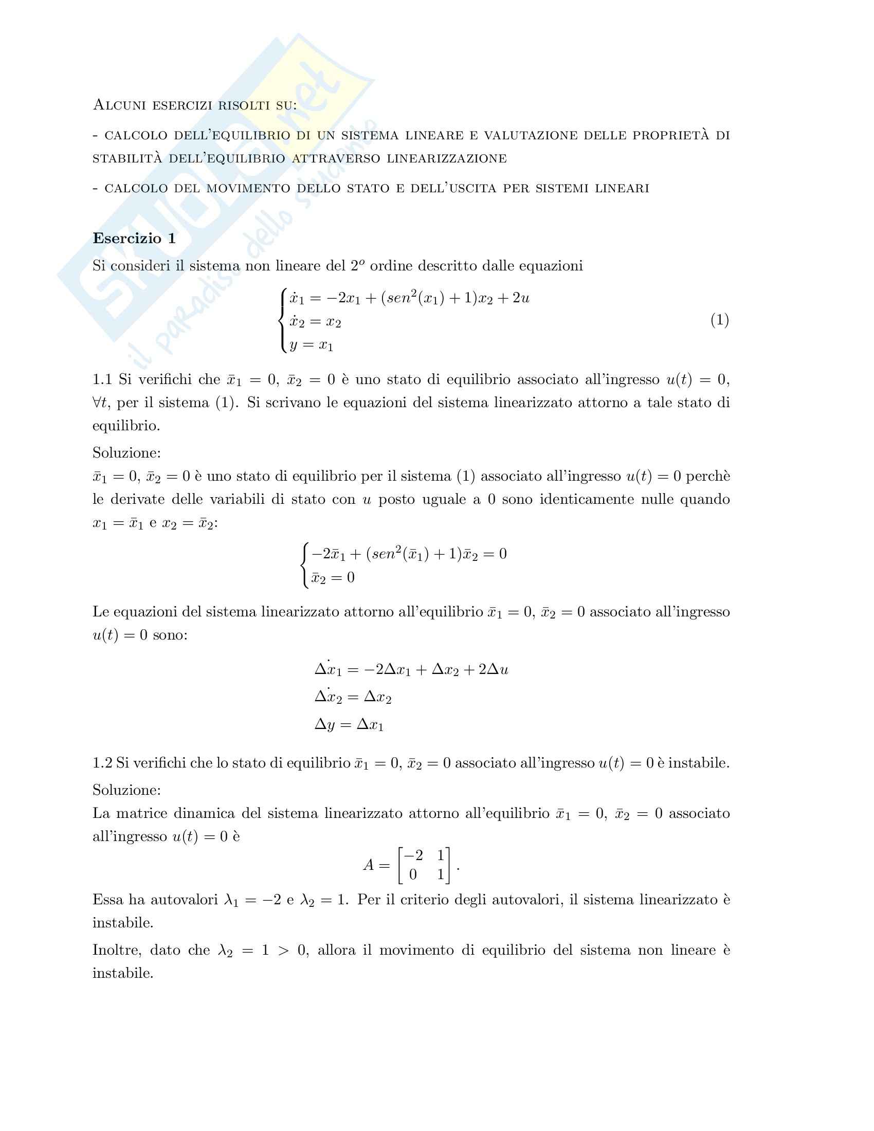 Fondamenti sistemi dinamici - esercizi risolti Pag. 1