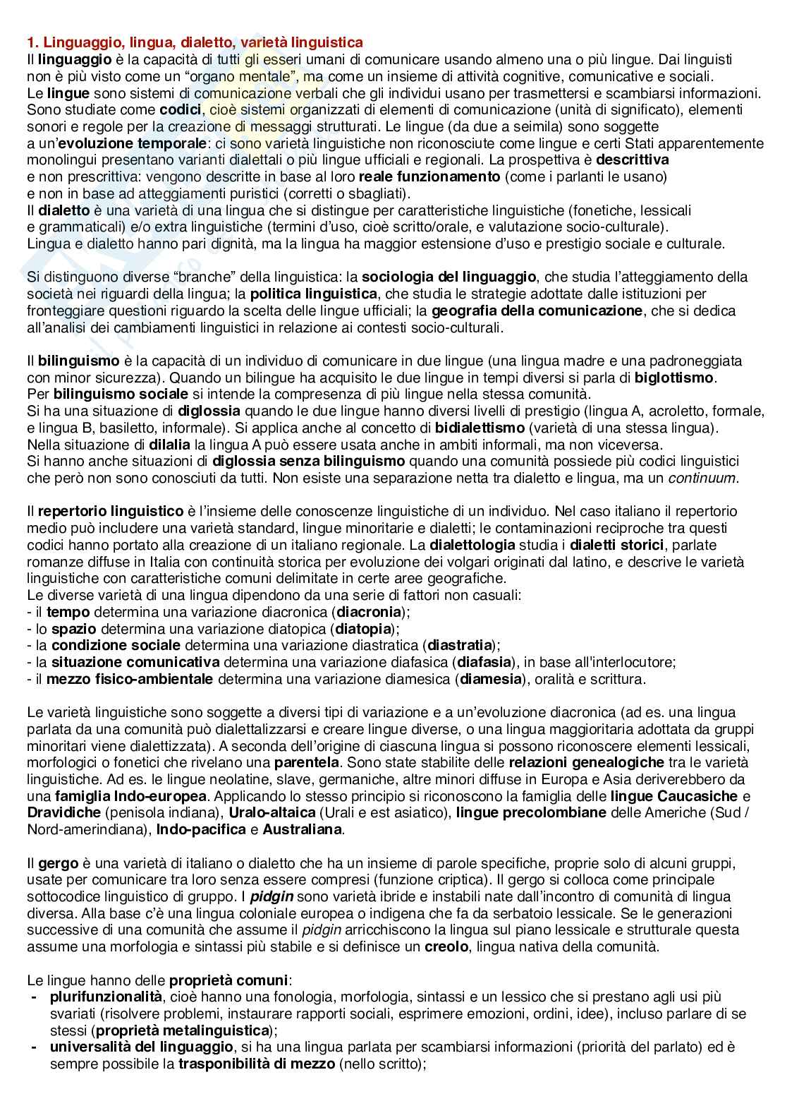 Riassunto esame Linguistica generale, Prof. Romano Antonio, libro consigliato Argomenti scelti di glottologia e linguistica , Romano, Miletto Pag. 1
