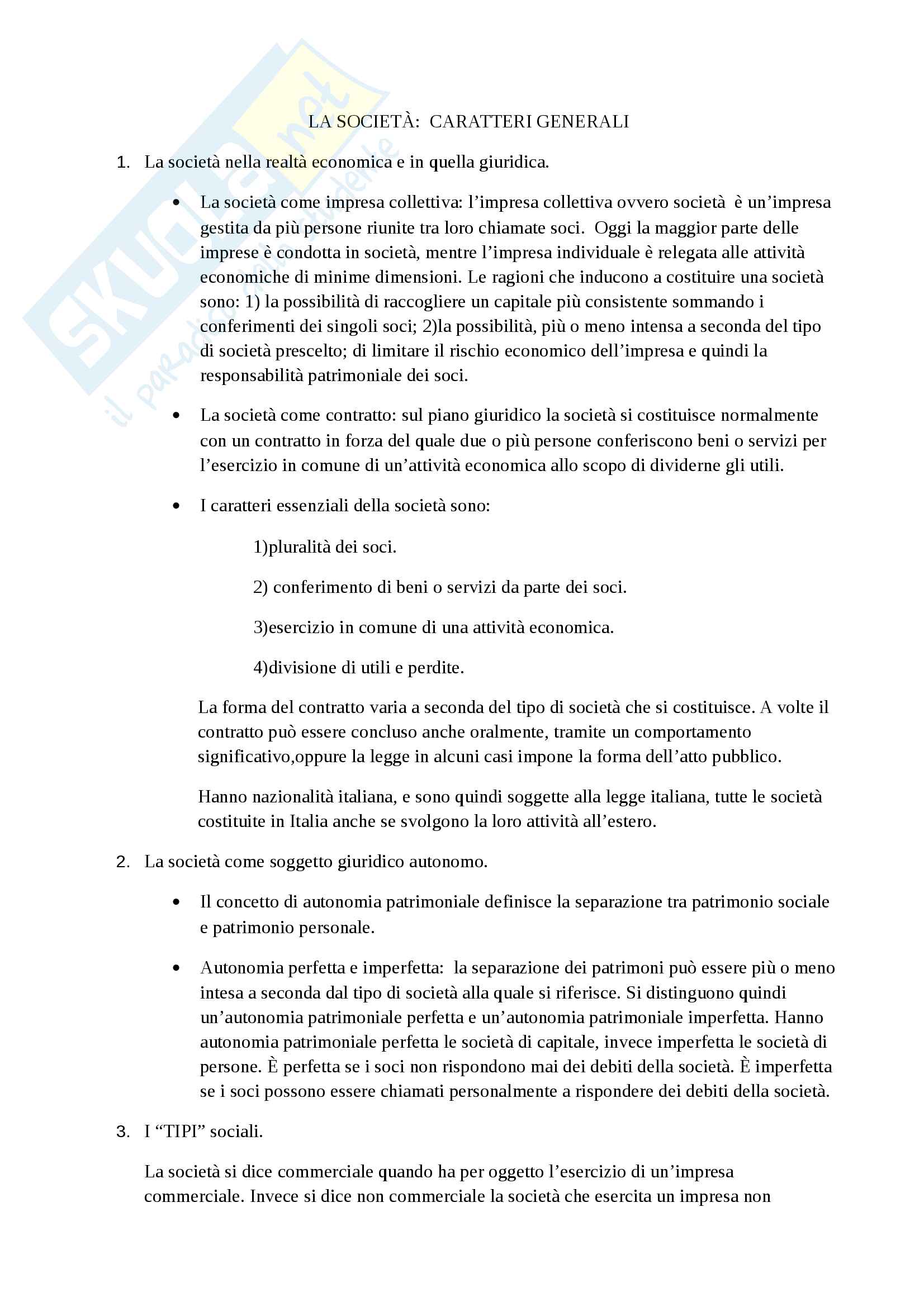 la società; la società semplice; aziend;a figura del'l imprenditore Pag. 1