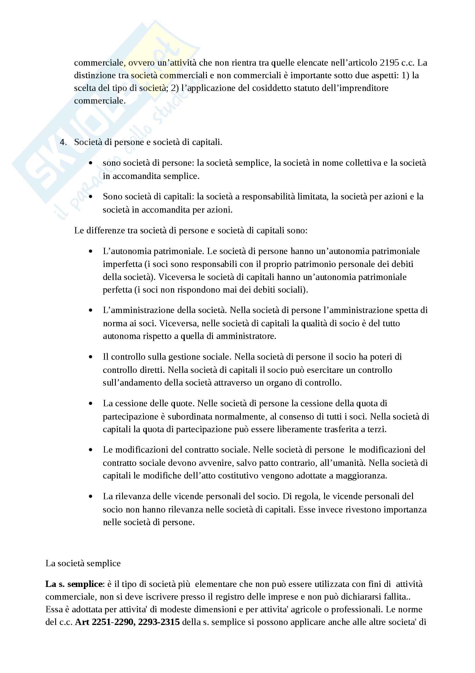 la società; la società semplice; aziend;a figura del'l imprenditore Pag. 2