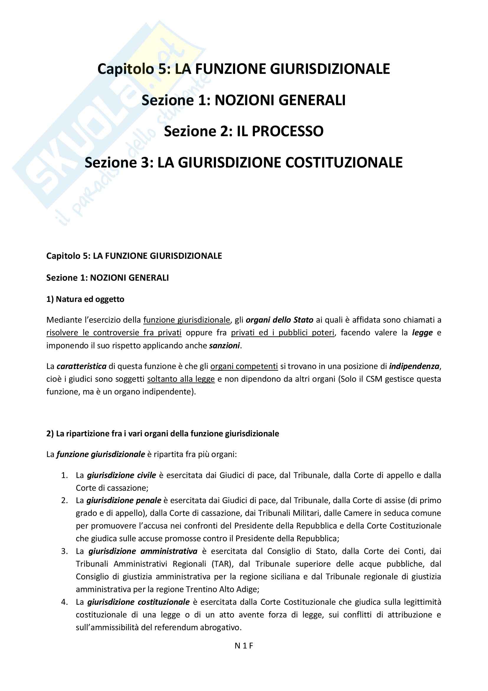 Funzione Giurisdizionale e nozioni, Diritto pubblico Pag. 1