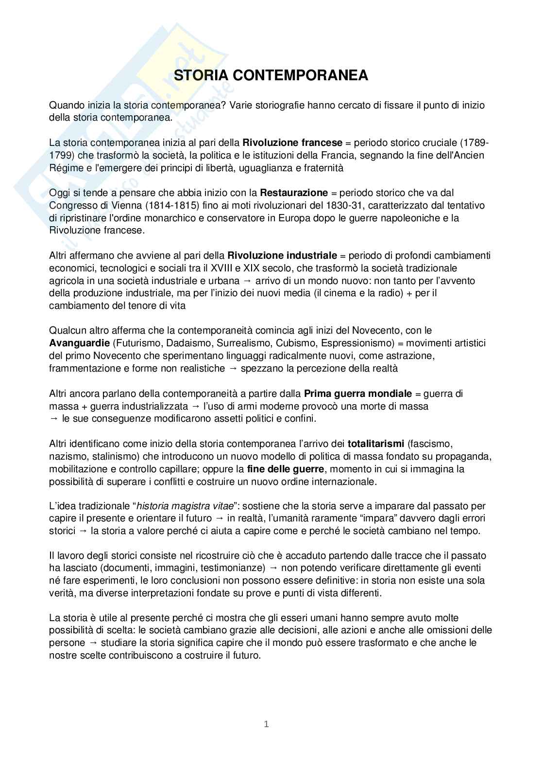 Appunti Storia contemporanea, primo semestre Pag. 1