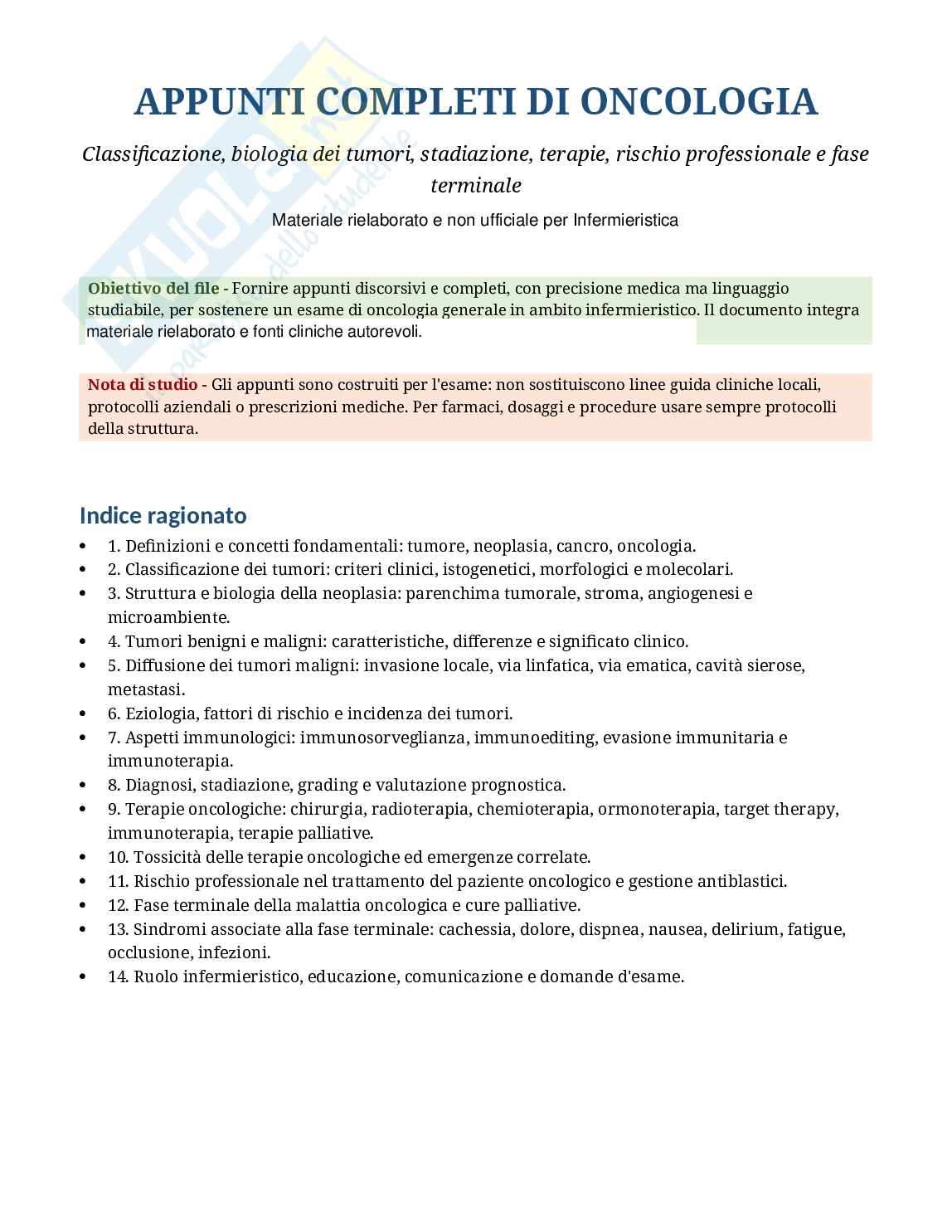 Oncologia - Appunti completi per Infermieristica con domande d’esame Pag. 1