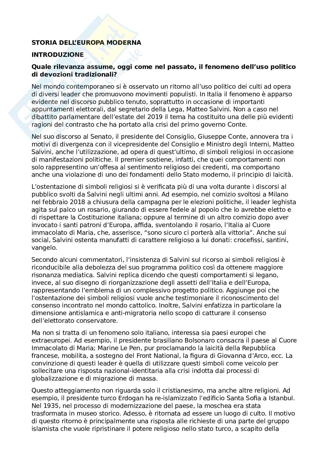 Riassunto esame Storia moderna, Prof. Tosti Mario, libro consigliato Il potere delle devozioni. Pietà popolare e uso politico dei culti in età contemporanea , Menozzi Pag. 1
