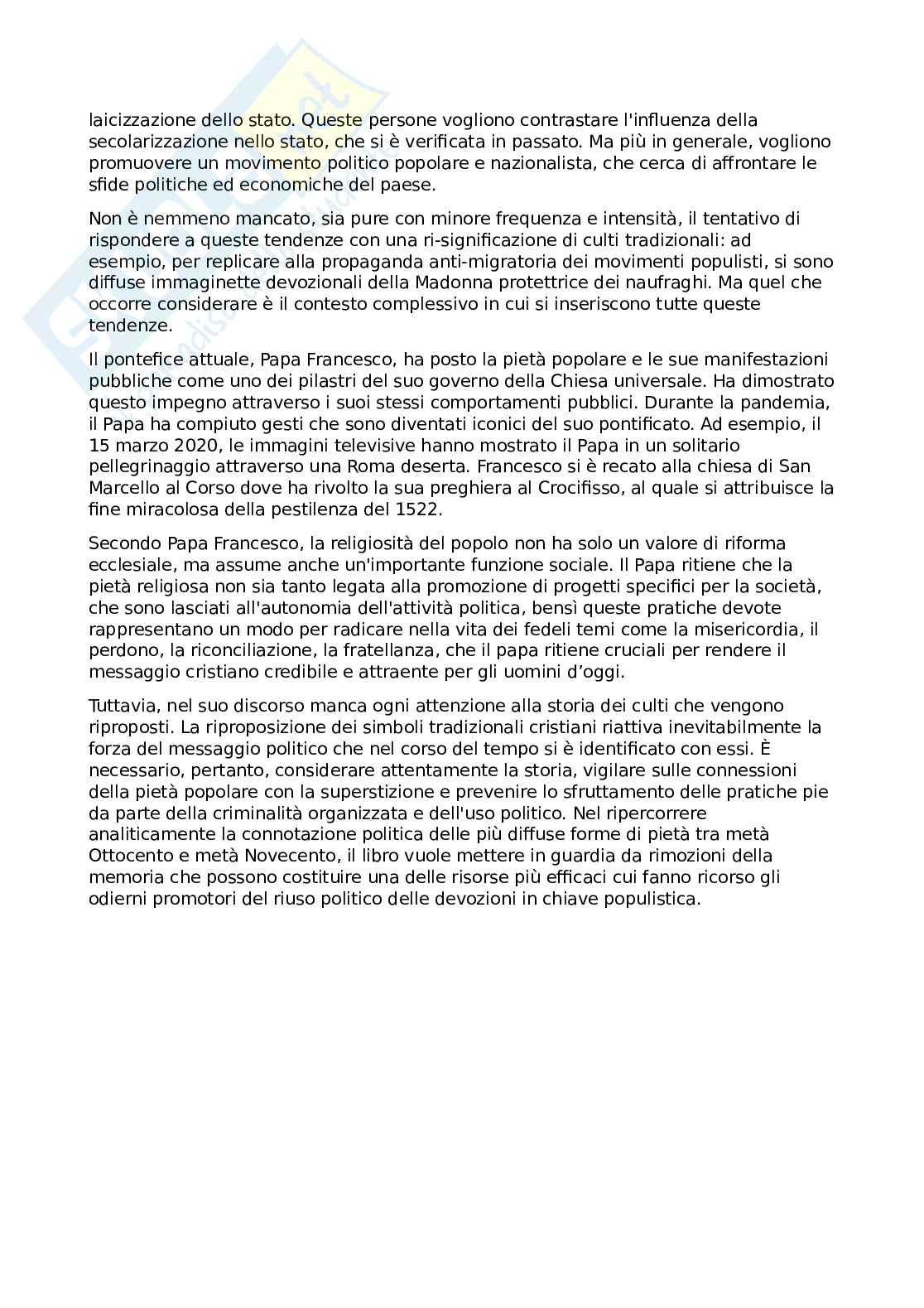 Riassunto esame Storia moderna, Prof. Tosti Mario, libro consigliato Il potere delle devozioni. Pietà popolare e uso politico dei culti in età contemporanea , Menozzi Pag. 2