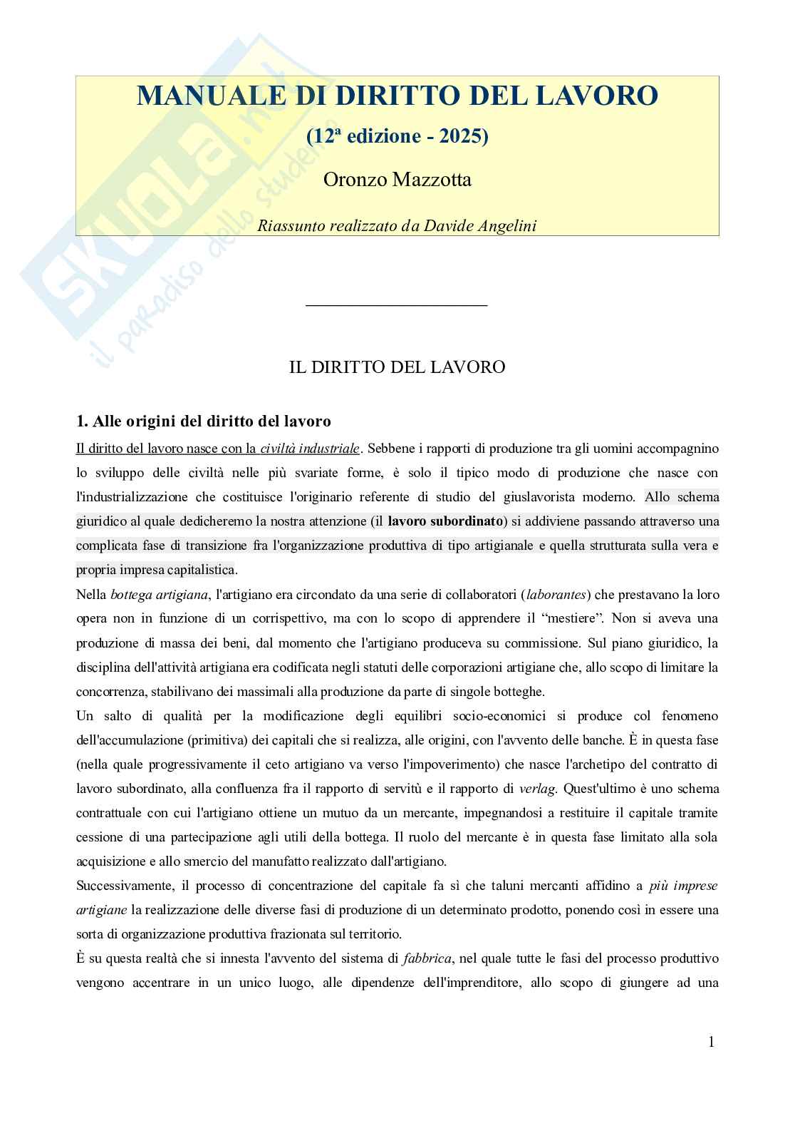 Riassunto esame Diritto del lavoro, Prof. Carinci Maria Teresa, libro consigliato Manuale di diritto del lavoro, Mazzotta Pag. 1