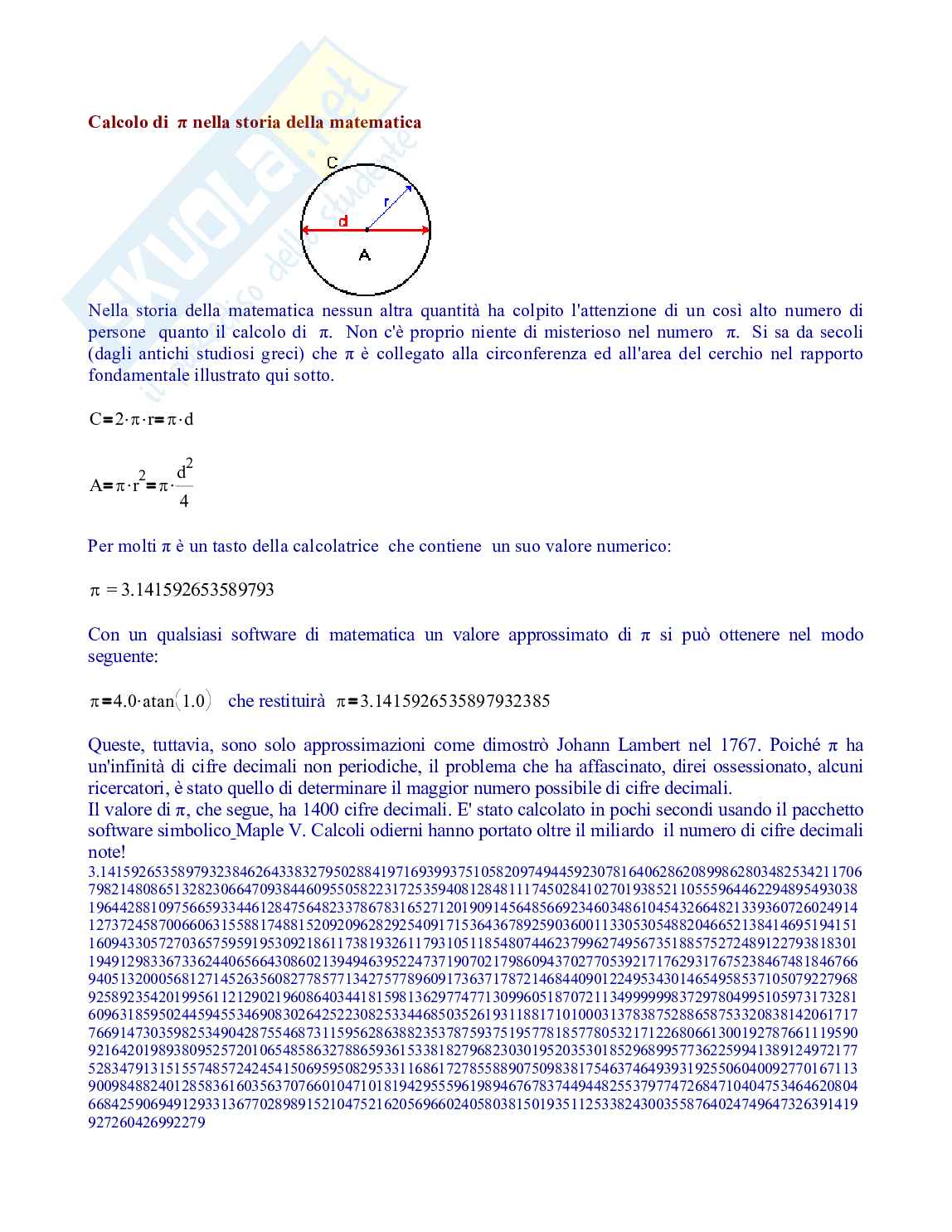 Calcolo di Pi greco nella storia della matematica Pag. 1