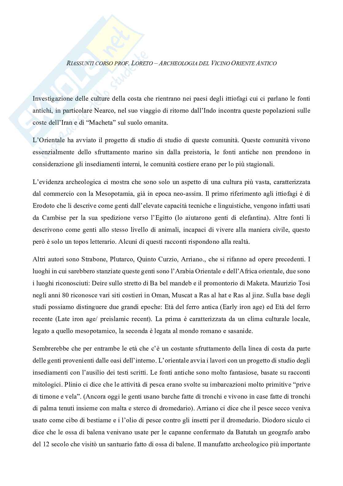 Riassunto esame Archeologia del vicino oriente antico, Prof. Loreto Romolo, libro consigliato Alle origini degli Arabi, Loreto Pag. 1