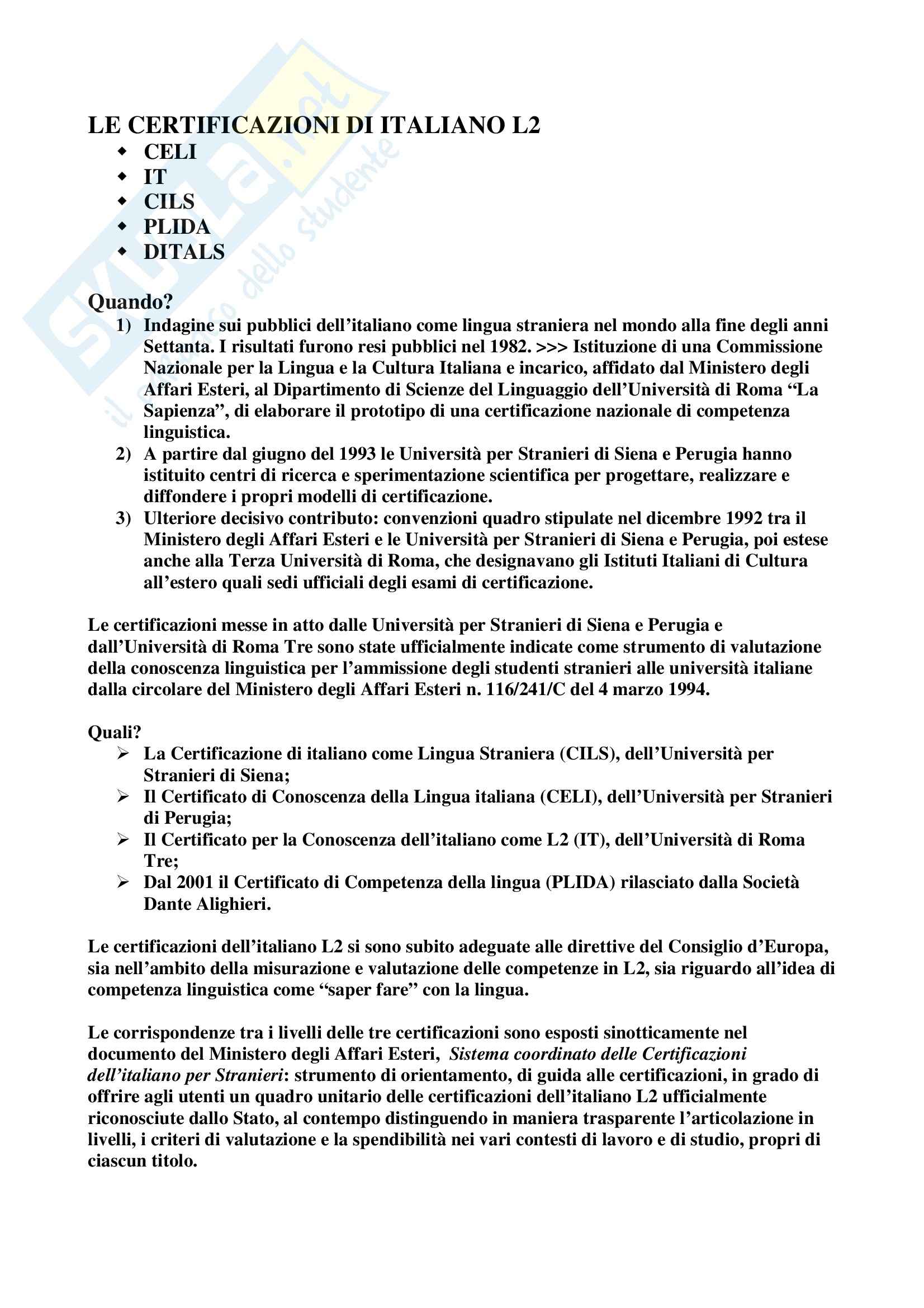 Certificazioni di italiano L2 Pag. 1