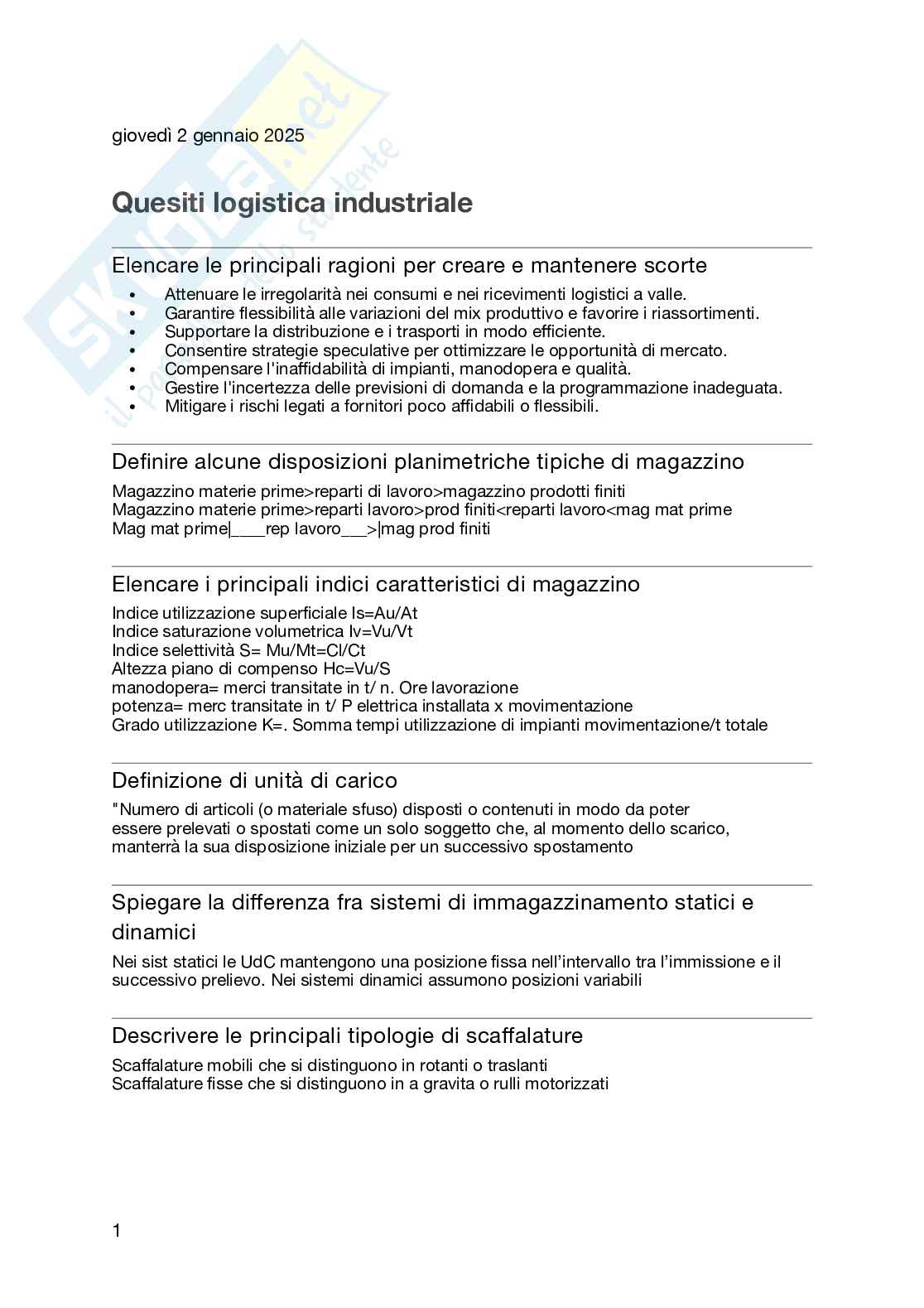 Domande aperte Logistica industriale Pag. 1