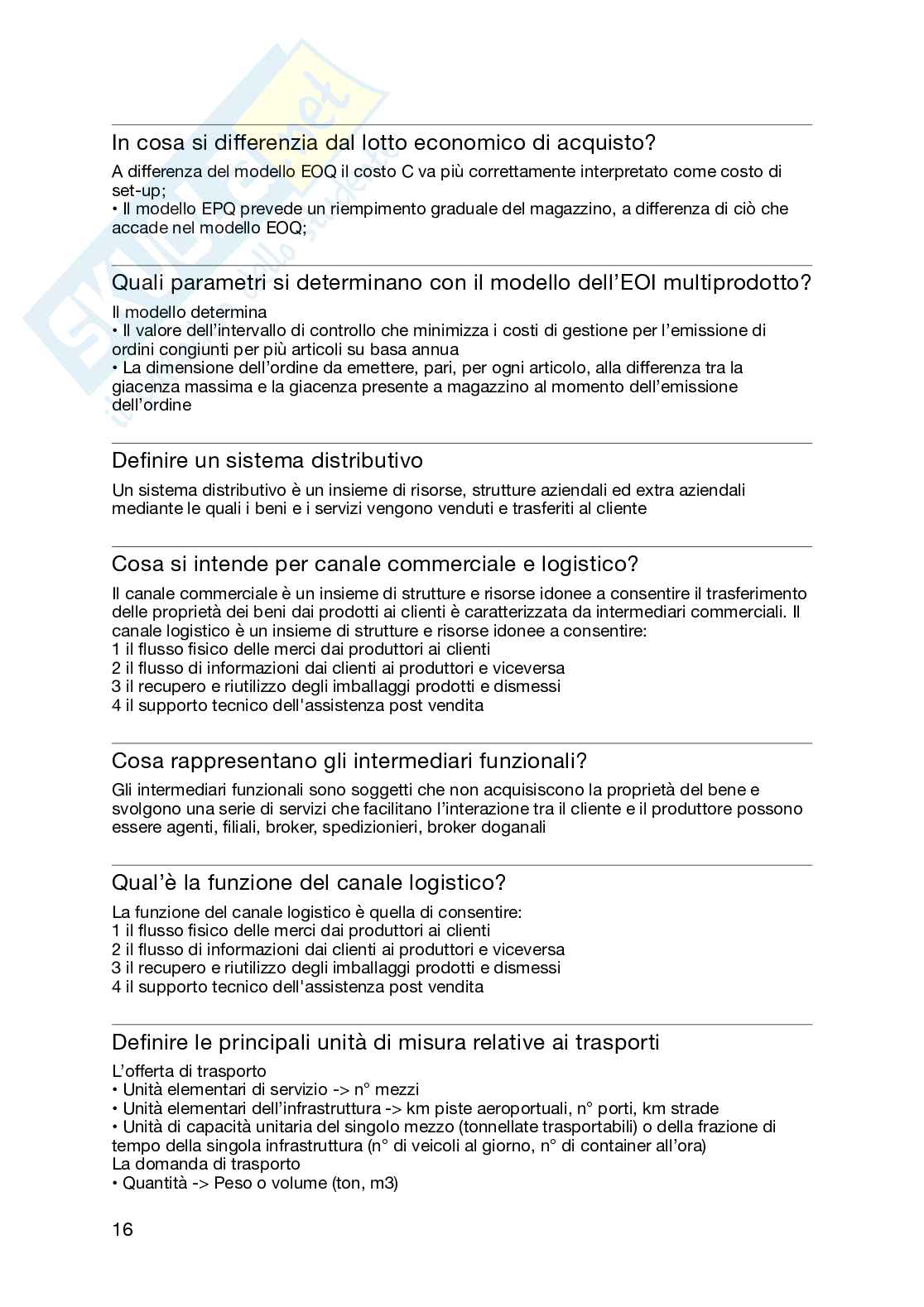 Domande aperte Logistica industriale Pag. 16