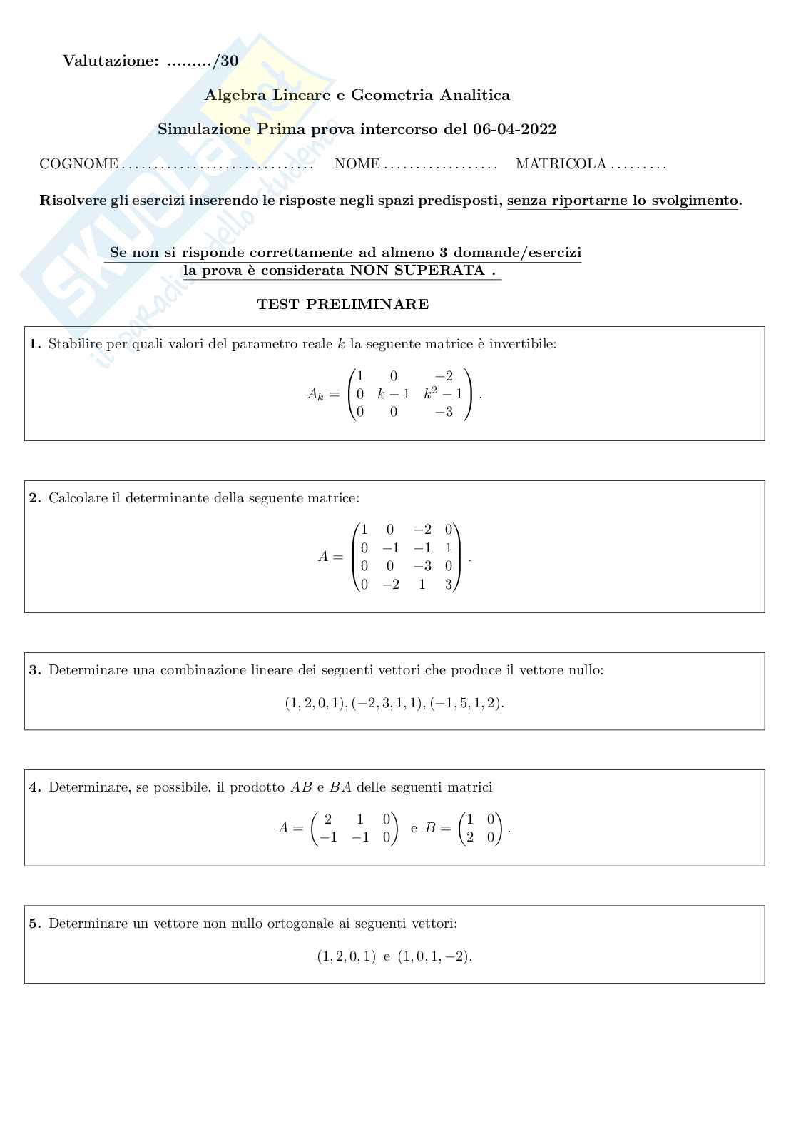 Simulazioni prove intercorso Algebra lineare e geometria analitica  Pag. 11