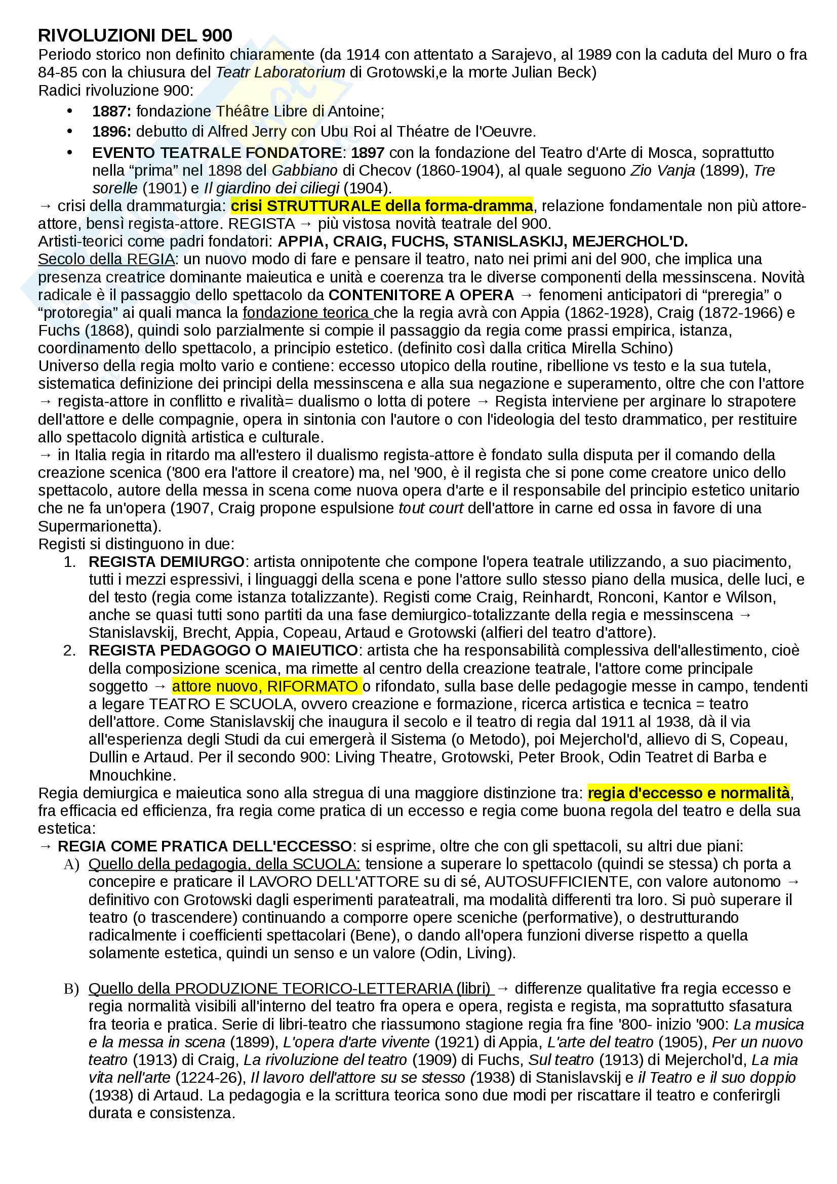 Riassunto esame teatro, prof De Marinis, libro consigliato Breve storia di un teatro per immagini, De Marinis -  capitolo rivoluzioni 900 teatrale Pag. 1