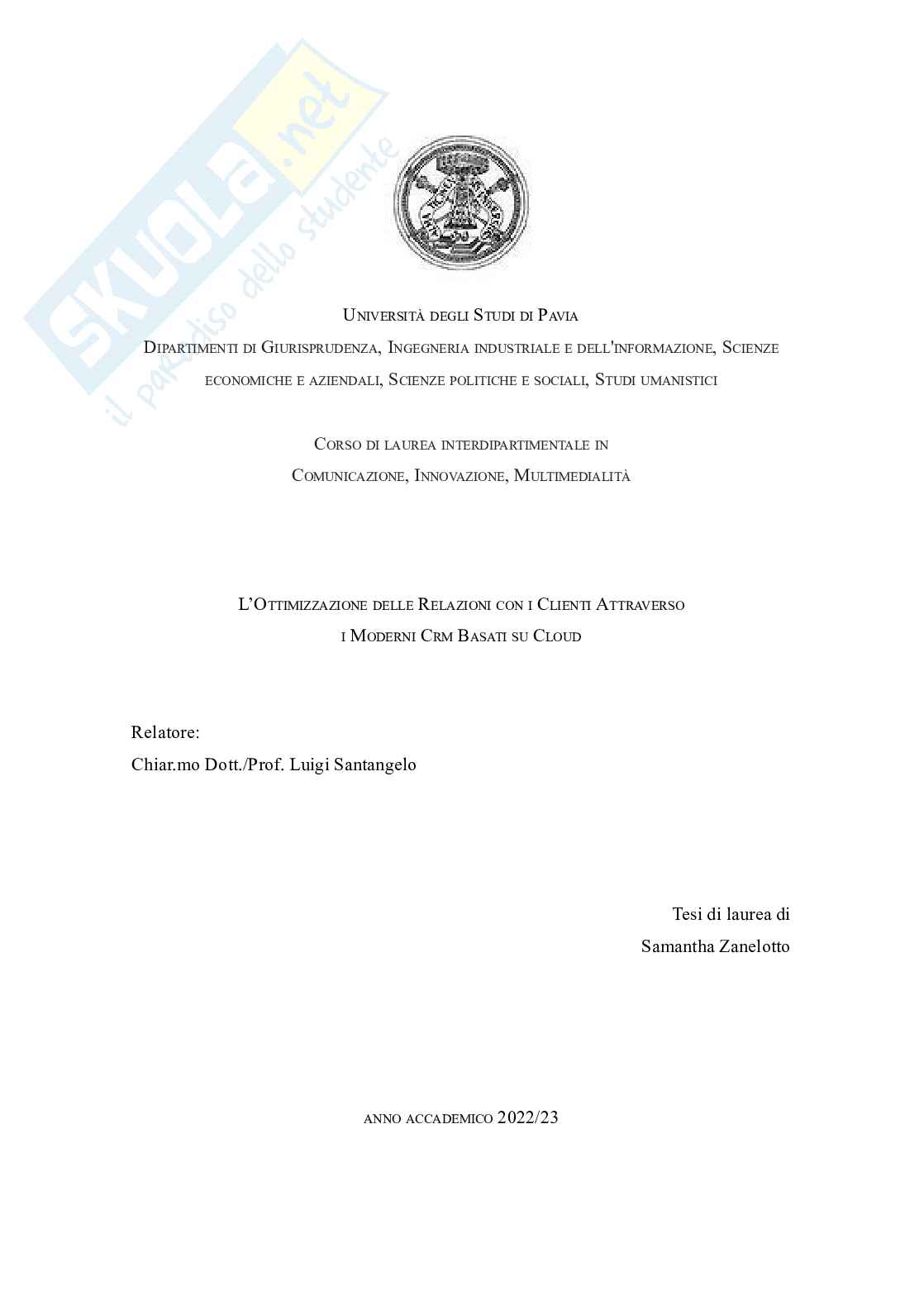 Tesi “L’ottimizzazione delle relazioni con i clienti attraverso i moderni Crm basati su cloud” Pag. 1