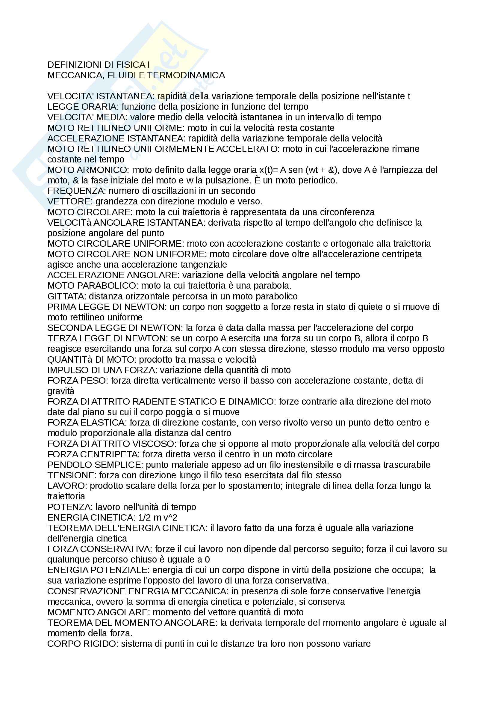 Fisica I - definizioni Pag. 1