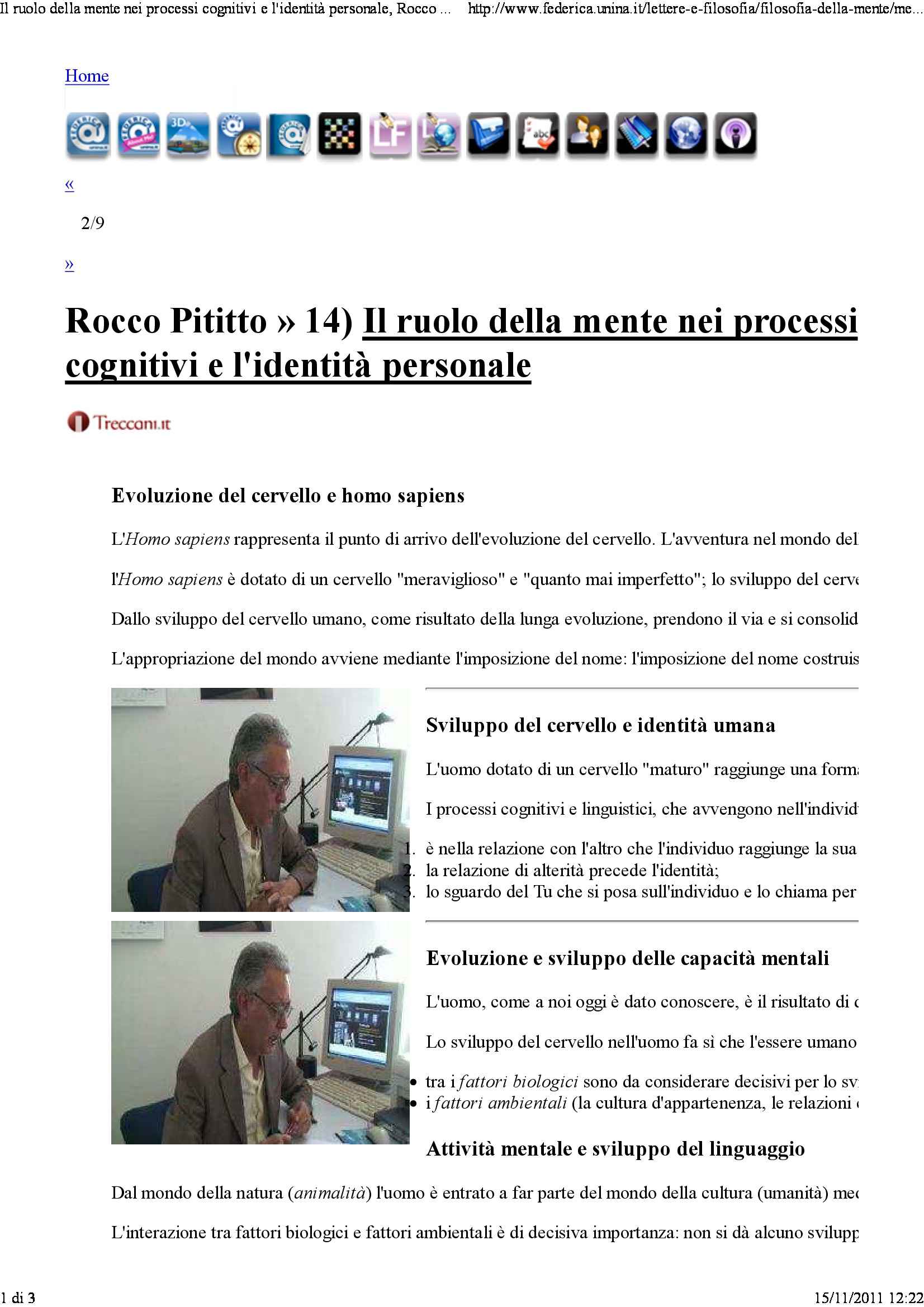 Ruolo della mente nei processi cognitivi e identità umana Pag. 1