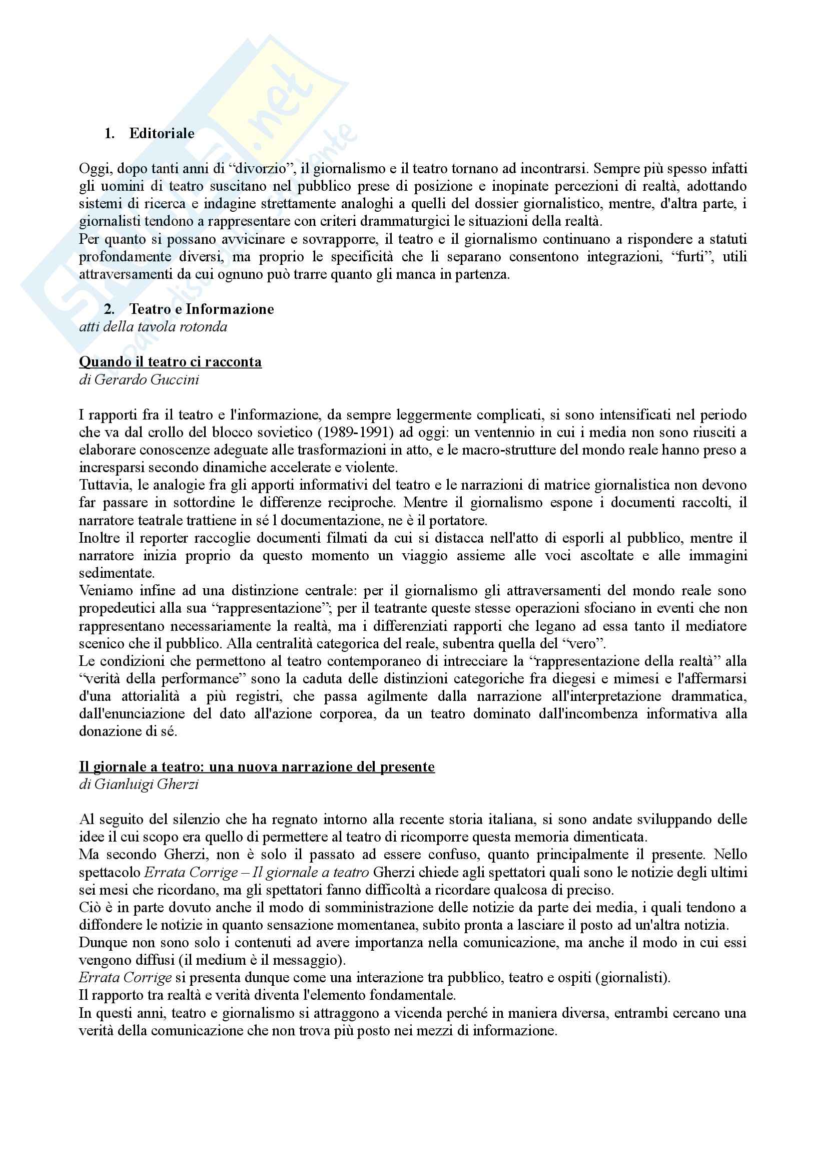 Riassunto esame Drammaturgia, prof. Guccini, libro consigliato Teatro e informazione Pag. 1