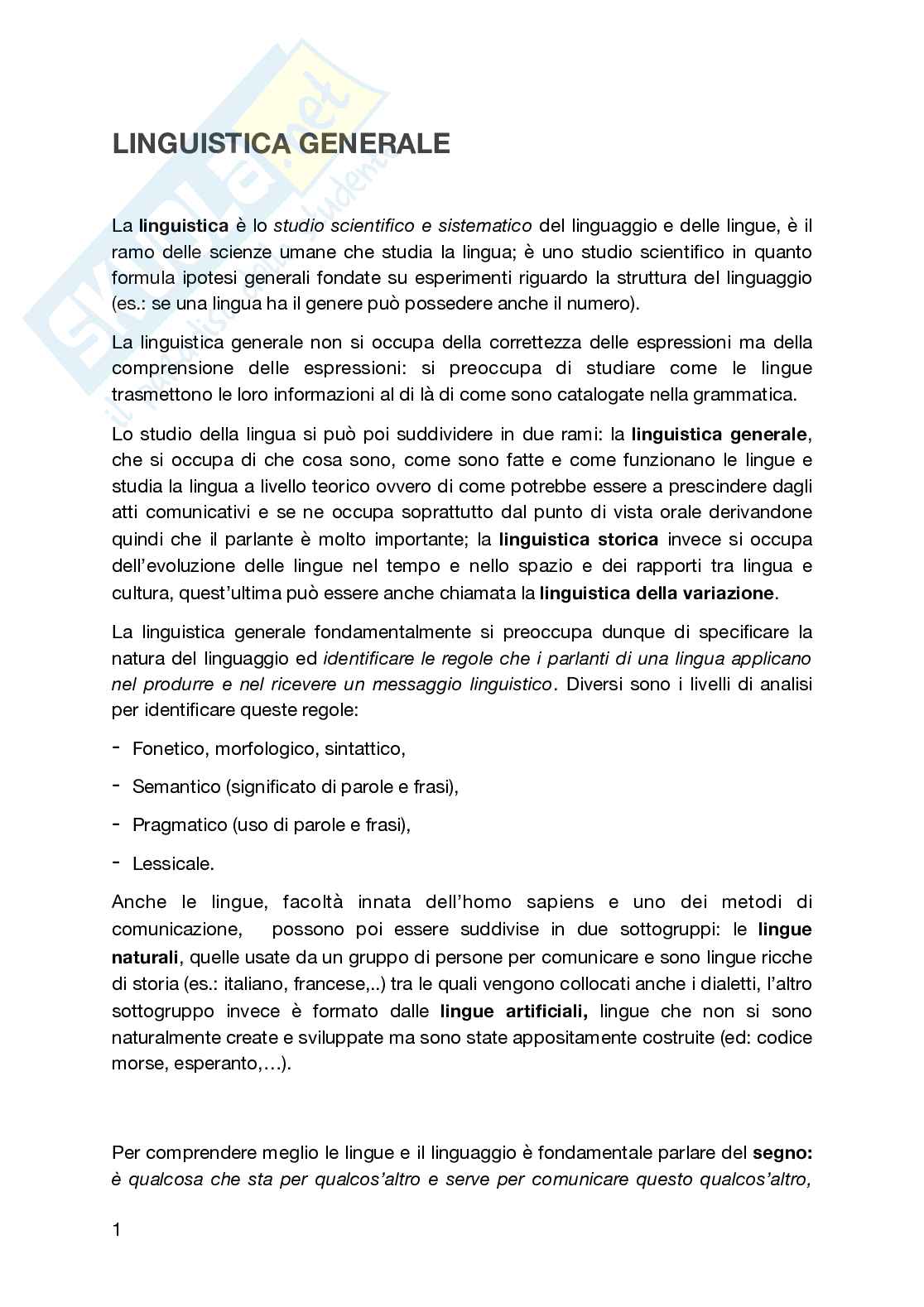 Riassunto esame Linguistica generale, Prof. Iannaccaro Gabriele, libro consigliato La linguistica, un corso introduttivo, Berruto & Cerruti Pag. 1