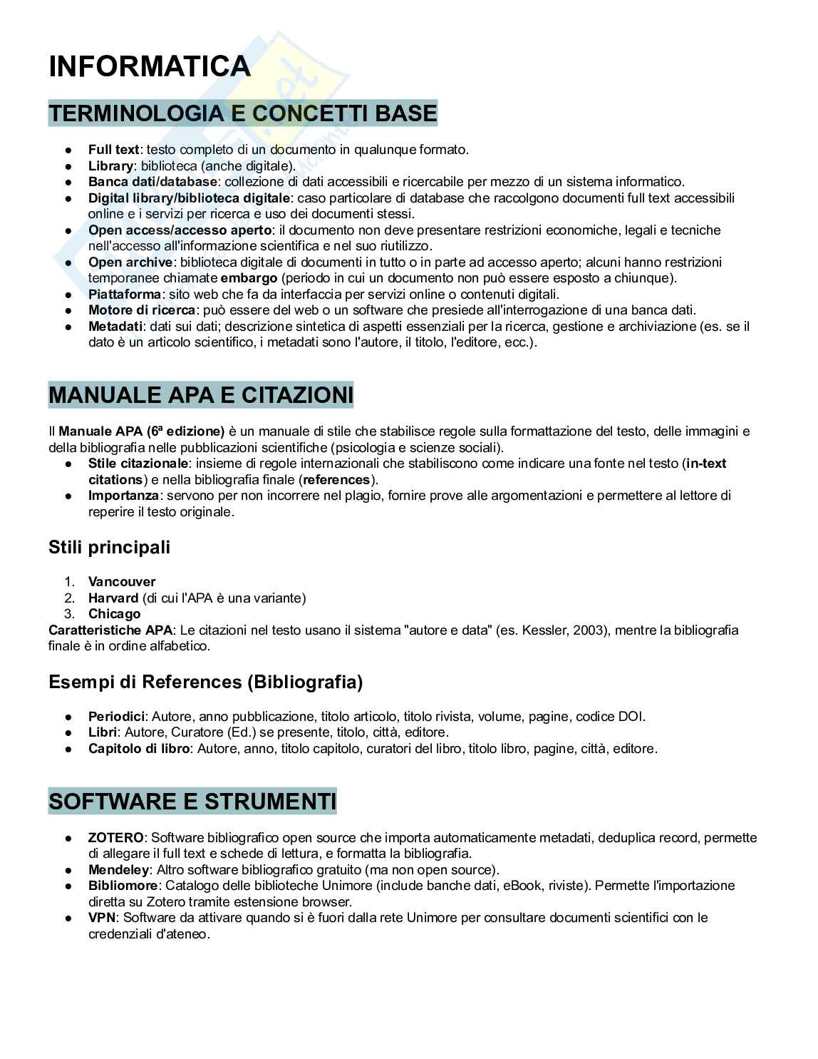 Appunti  di Informatica e ricerca bibliografica – IA, R, Excel, APA e Banche Dati Pag. 2