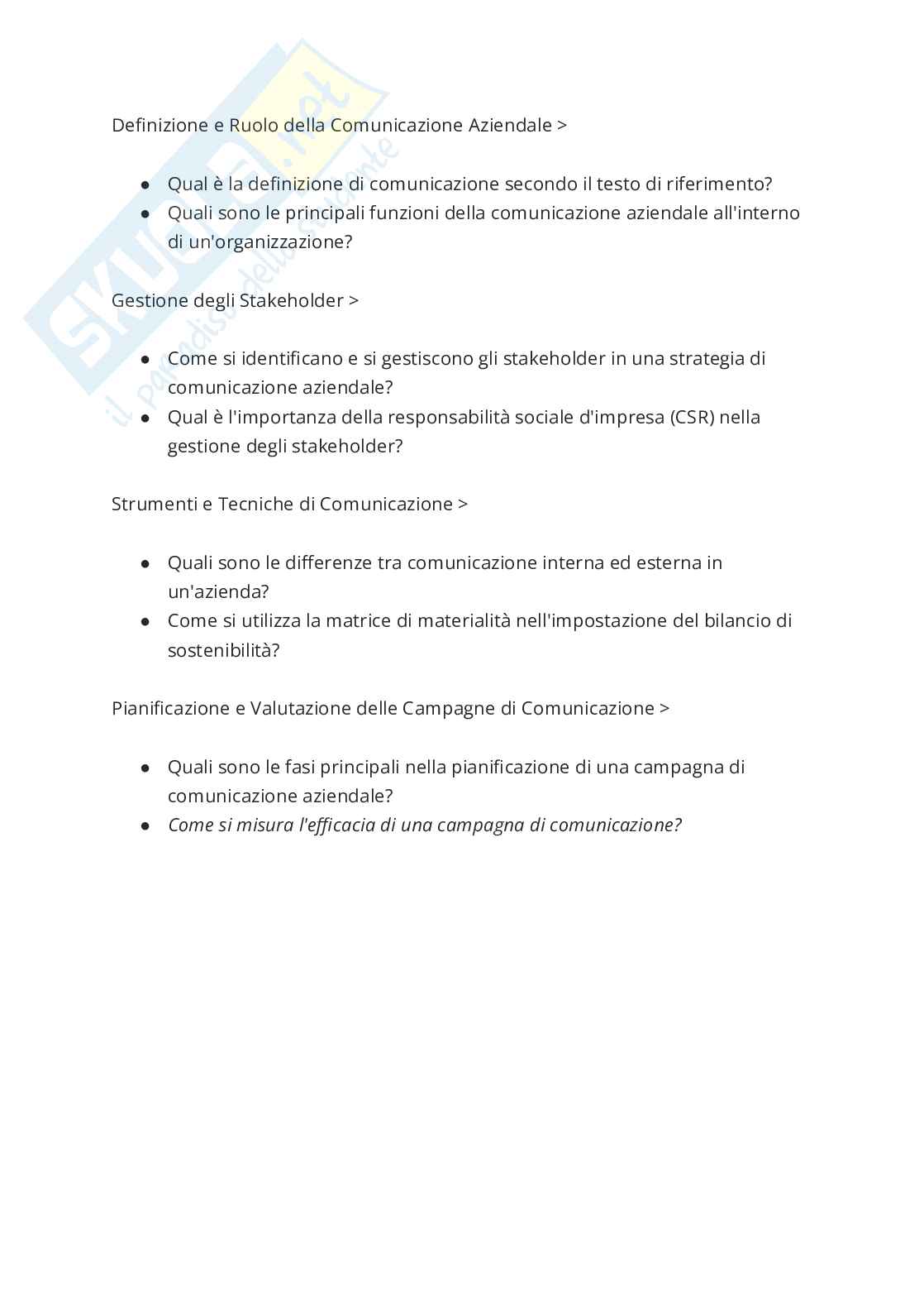 Domande esame Economia e tecnica della comunicazione aziendale Pag. 1