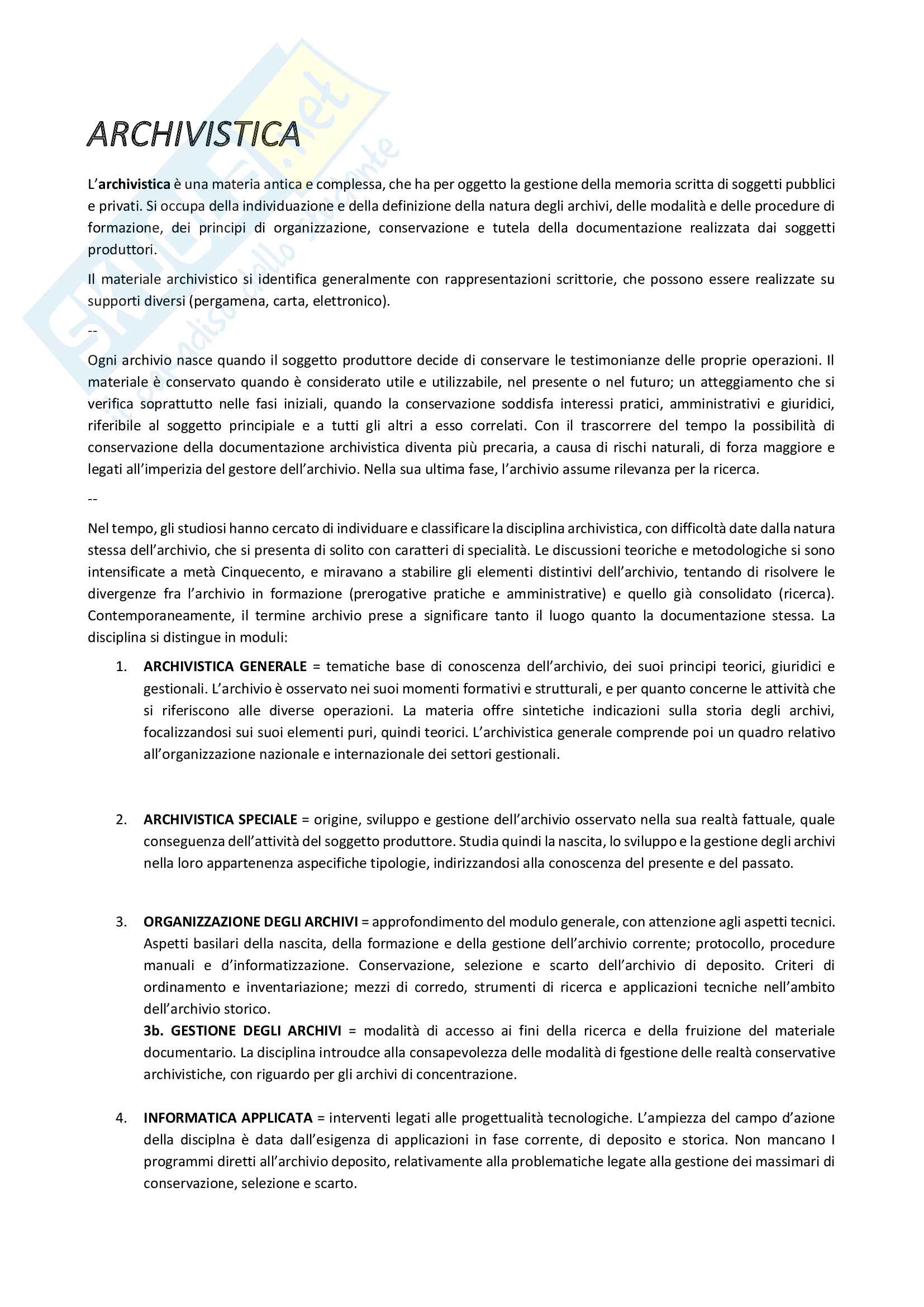 Riassunto Archivistica e biblioteconomia, prof. Tasca, libro consigliato Archivistica generale, di Antonio Romiti Pag. 1