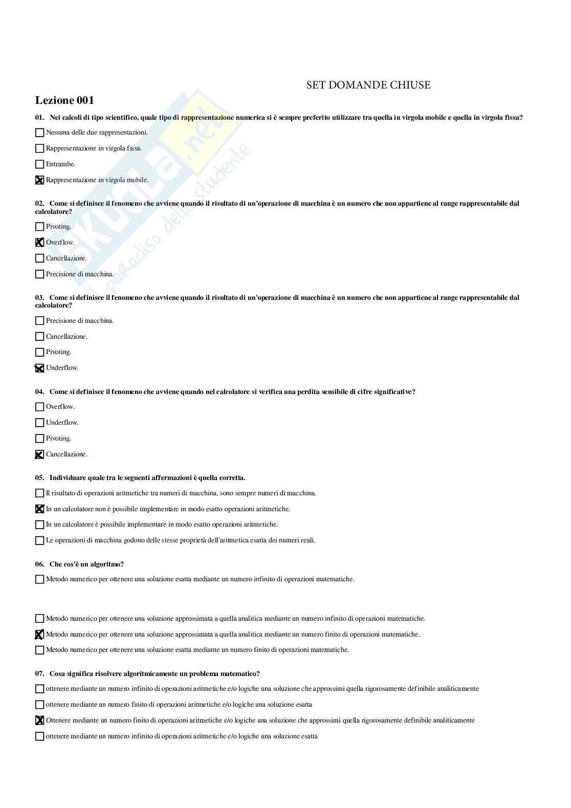 Paniere con risposte chiuse di Analisi numerica Pag. 1