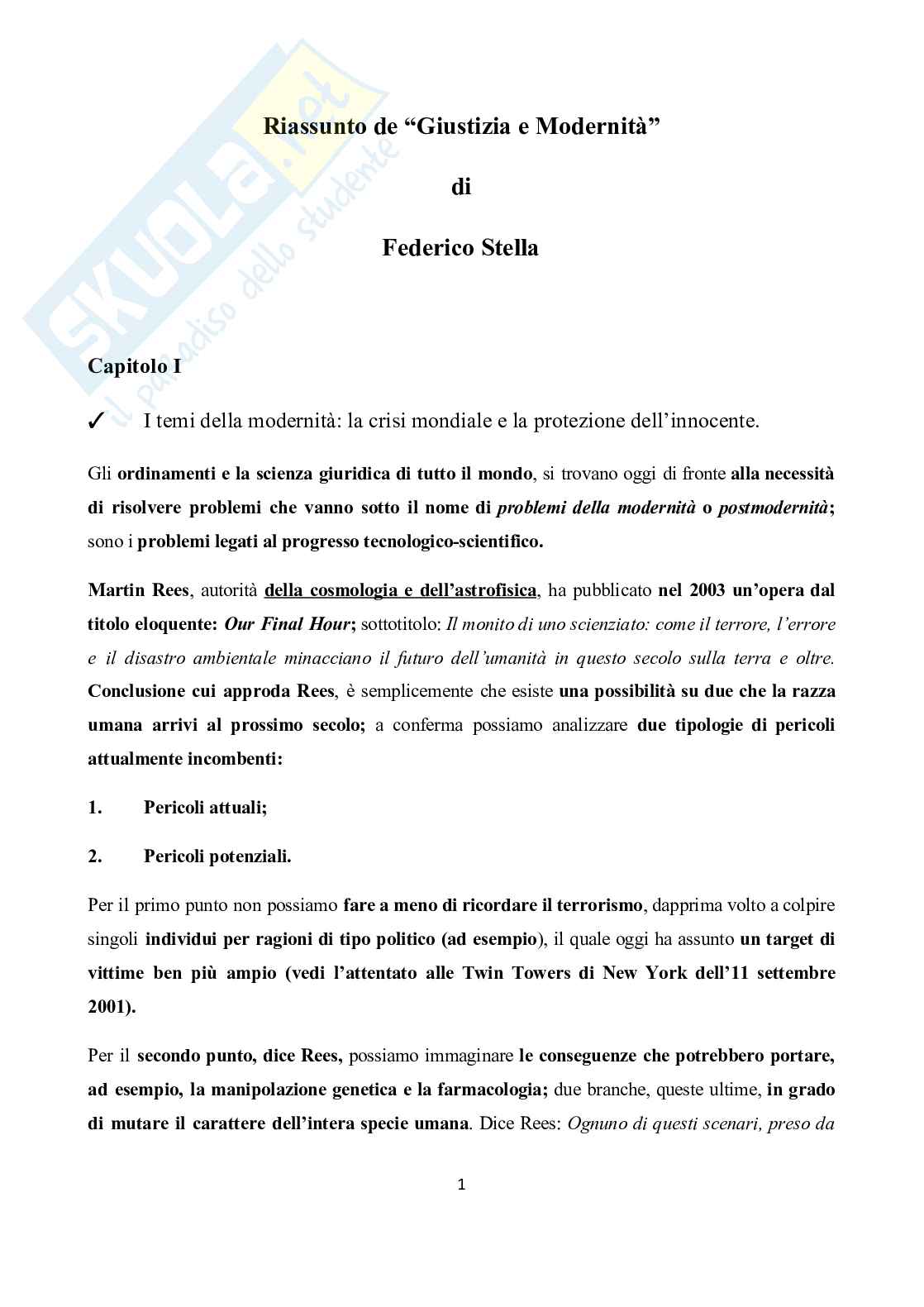 Riassunto esame Diritto penale, Prof. Forti Gabrio, libro consigliato Giustizia e modernità, Federico stella  Pag. 1