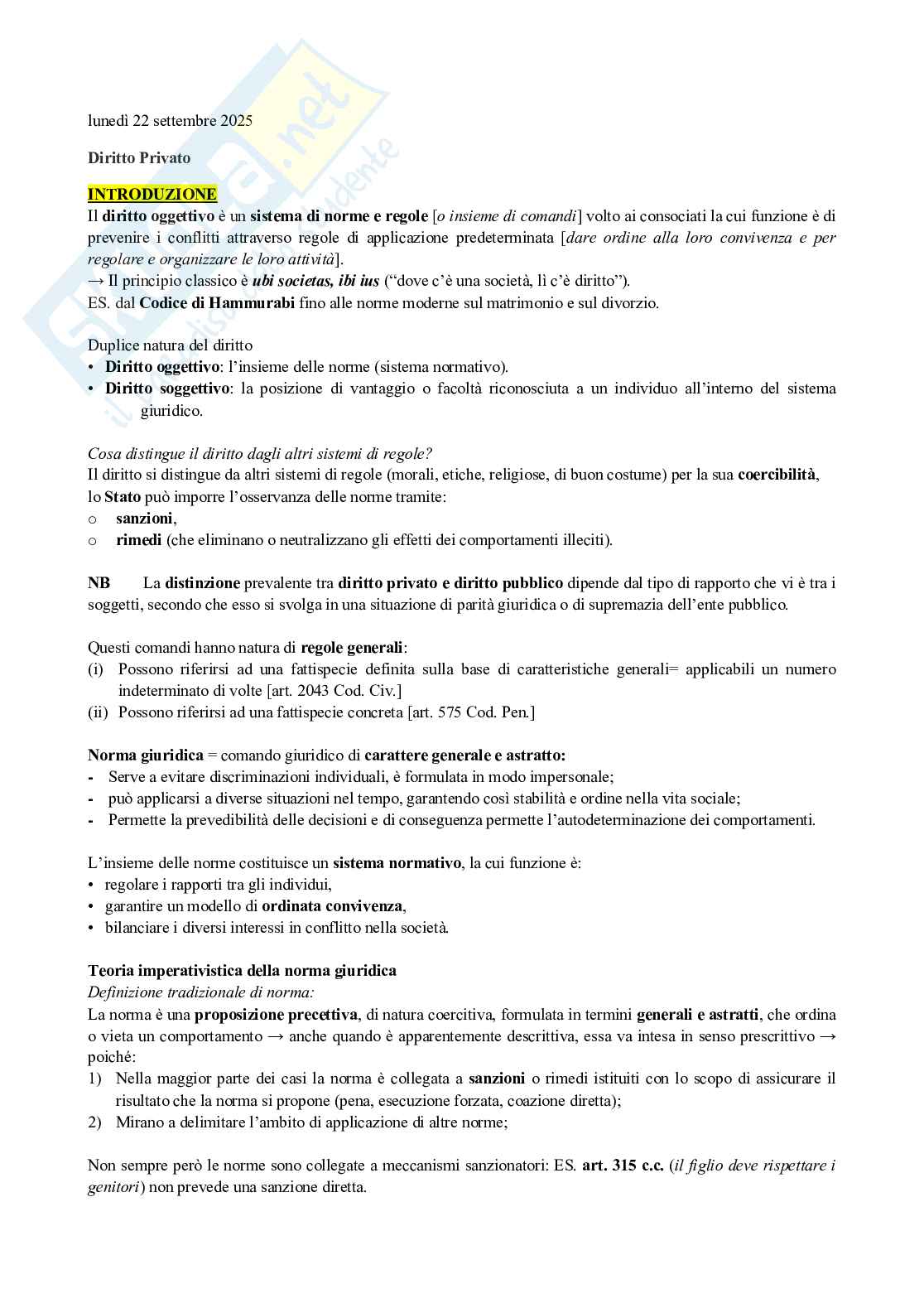 Istituzioni di diritto privato I Pag. 1