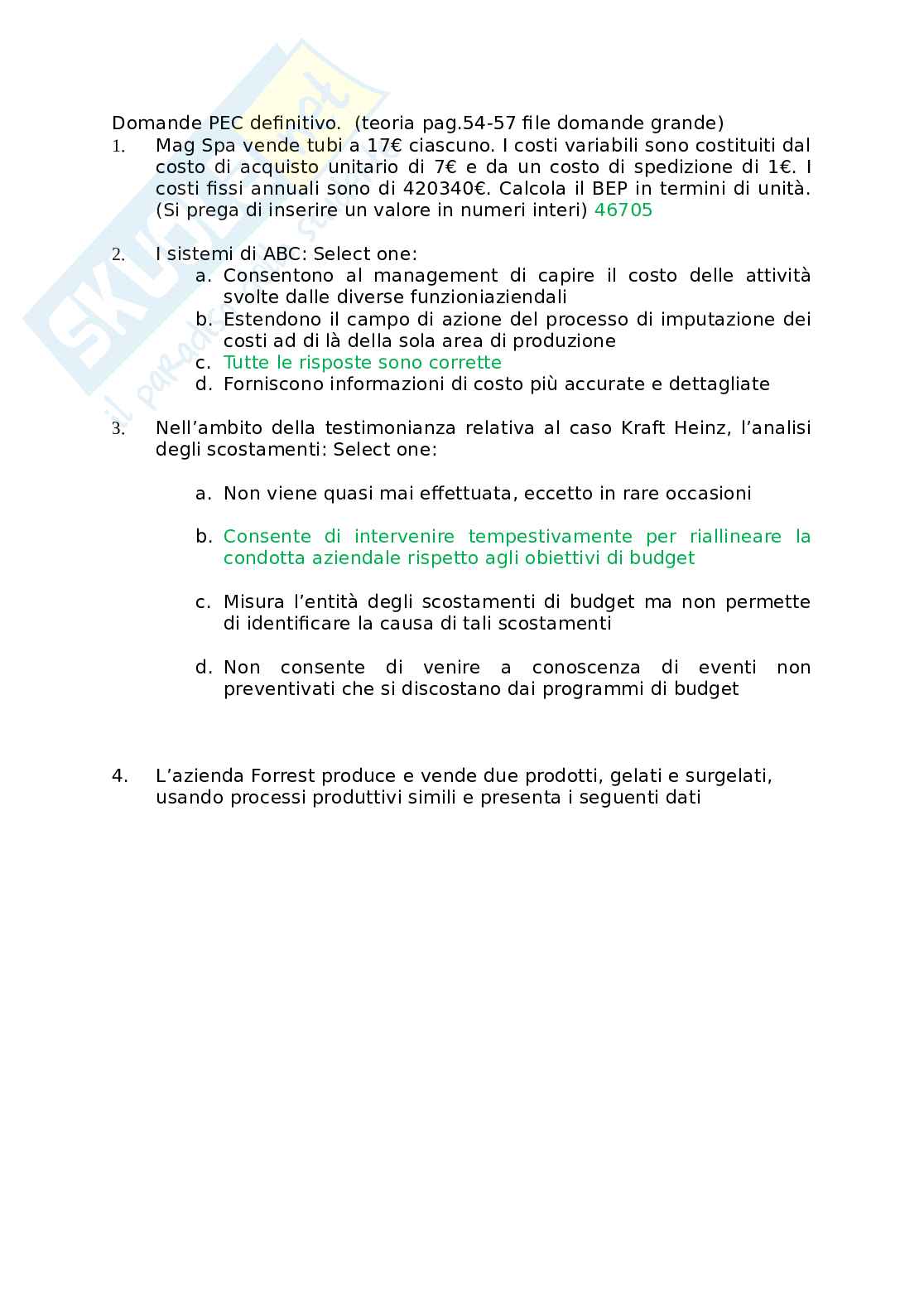 Domande multiple Pianificazione e controllo Pag. 1