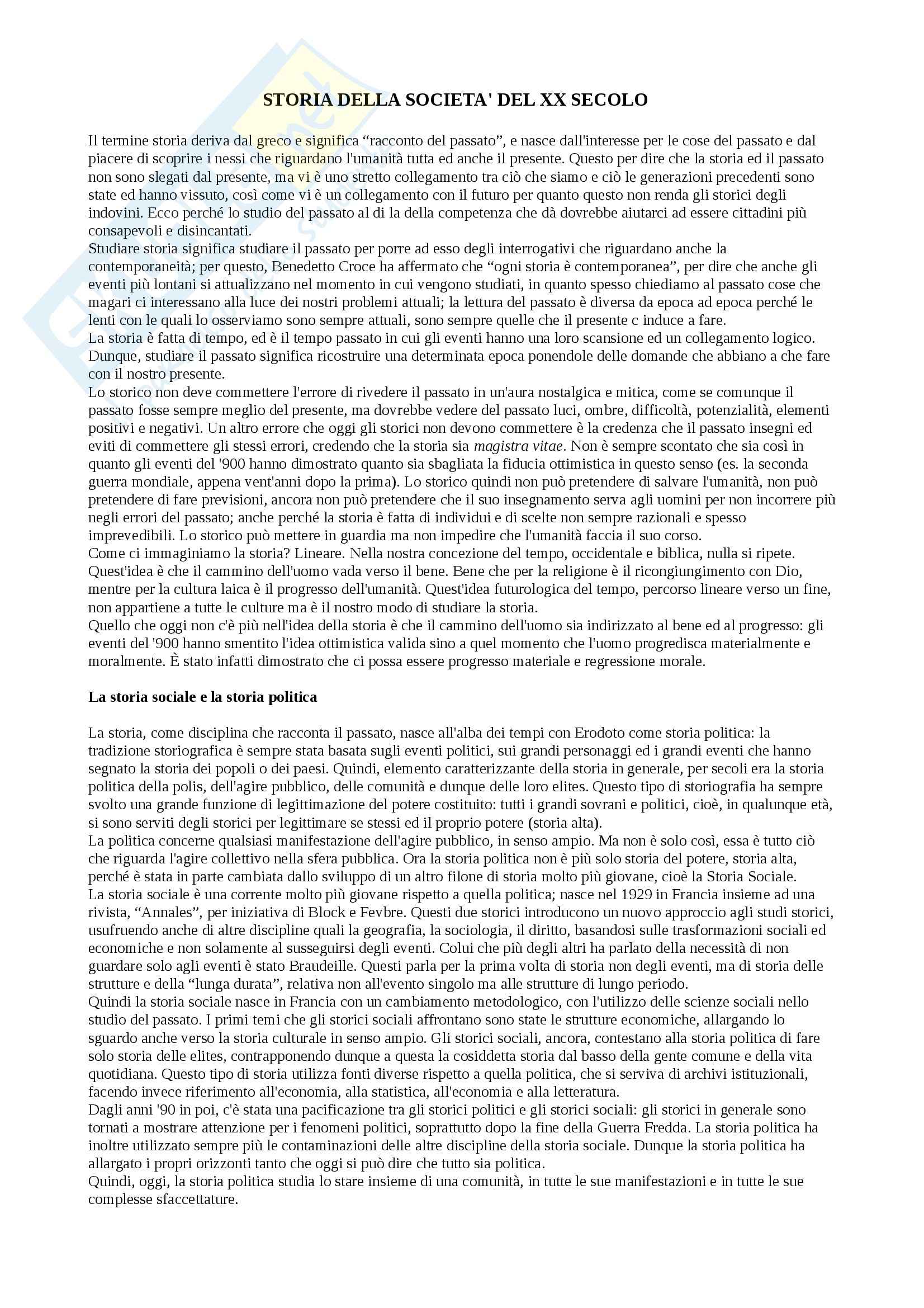 Storia della società del XX secolo - Appunti Pag. 1